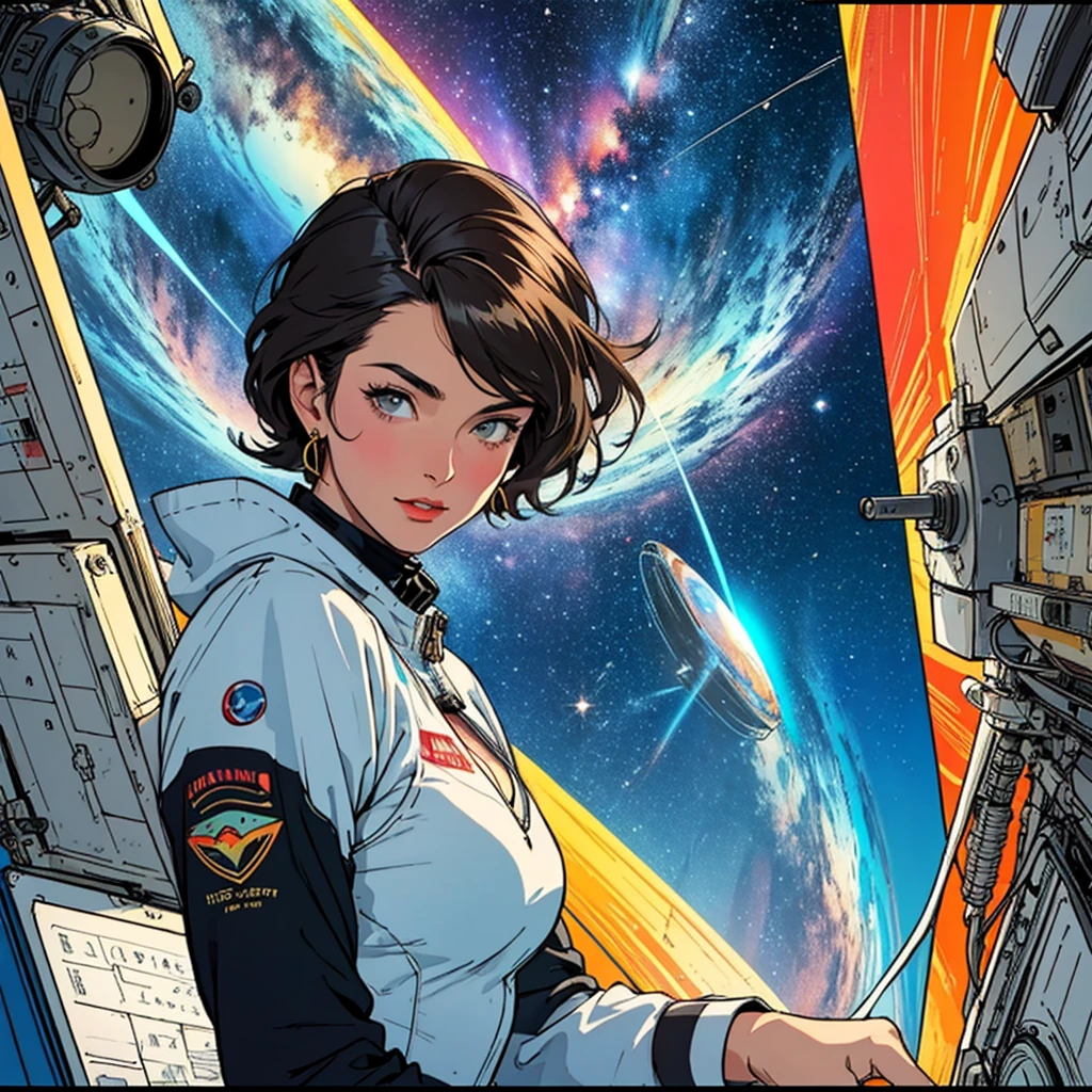 (((32k))),(((highest quality))),(Perfect One Woman),60's,70's,80's,old movie posters,retro,vintage,bauhaus,abstract,Space Thriller Movie Poster,Futuristic,shape,OK,cosmos,galaxy,satellite,mechanical,Geometric pattern,meteor,meteorite,planet,very delicate,宇宙飛OK士,Milky Way,big breasts,cleavage,