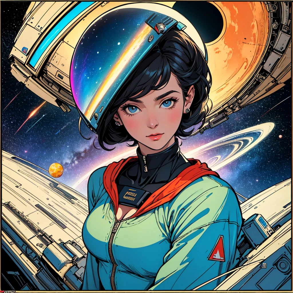 (((32k))),(((highest quality))),(Perfect One Woman),60's,70's,80's,old movie posters,retro,vintage,bauhaus,abstract,Space Thriller Movie Poster,Futuristic,shape,OK,cosmos,galaxy,satellite,mechanical,Geometric pattern,meteor,meteorite,planet,very delicate,宇宙飛OK士,Milky Way,big breasts,cleavage,