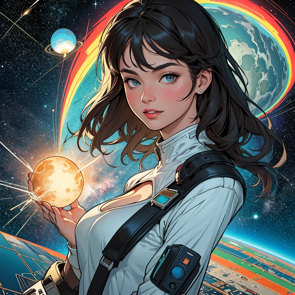 (((((1Young woman))), the anime, Green eyes, (black hair), Nice face, ssmile, the perfect body, Wavy Hair, hairlong, (((morena))), big breastes, ((tmasterpiece, beste-Qualit)), illustartion, ультра детализированная 8k, Photorealistic, sharp-focus, higly detailed, Professional lighting, colorful details, Rainbow colors, Glowing, intricate detials, Vivid details, (white skirt), (blue jacket), (white shirt), outer space, Planet, the stars, a space ship , Blue beret on his head