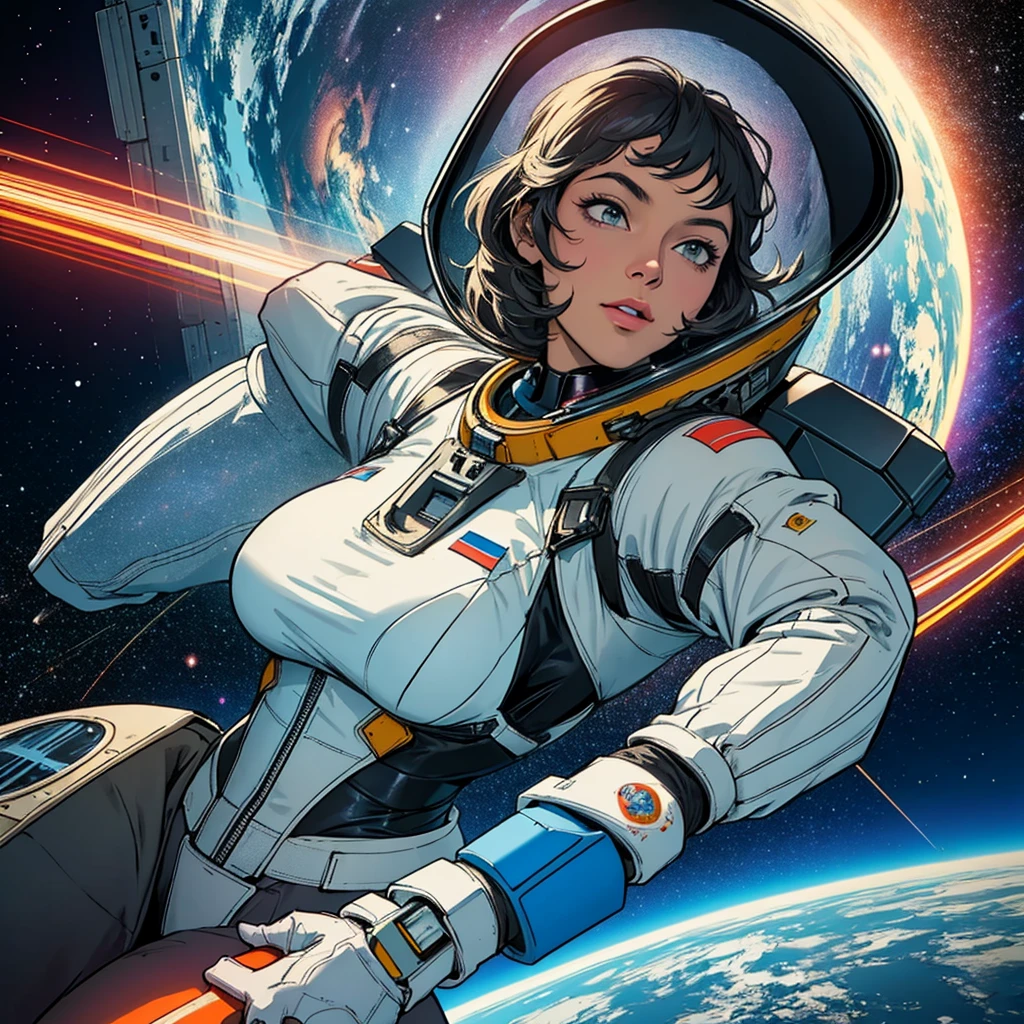 (((32k))),(((highest quality))),(Perfect One Woman),60's,70's,80's,old movie posters,retro,vintage,bauhaus,abstract,Space Thriller Movie Poster,Futuristic,shape,OK,cosmos,galaxy,satellite,mechanical,Geometric pattern,meteor,meteorite,planet,very delicate,宇宙飛OK士,Milky Way,big breasts,cleavage,