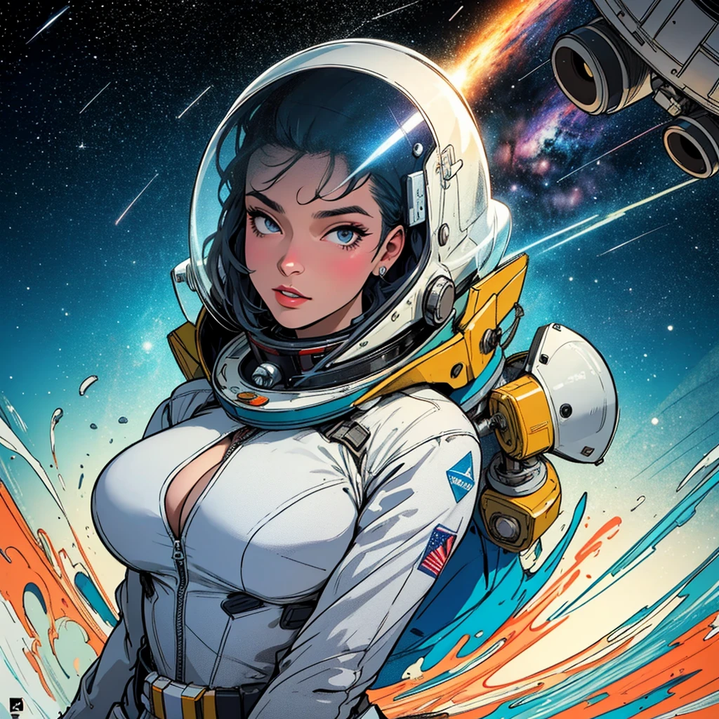 (((32k))),(((highest quality))),(Perfect One Woman),60's,70's,80's,old movie posters,retro,vintage,bauhaus,abstract,Space Thriller Movie Poster,Futuristic,shape,OK,cosmos,galaxy,satellite,mechanical,Geometric pattern,meteor,meteorite,planet,very delicate,宇宙飛OK士,Milky Way,big breasts,cleavage,