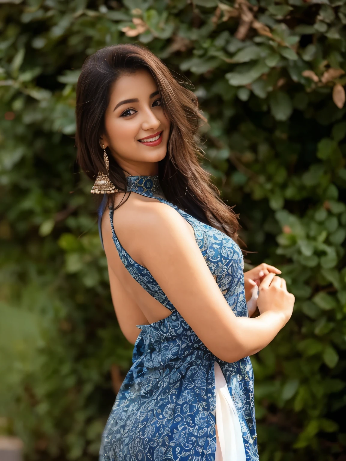 a close up of a woman in a blue dress posing for a picture, profile pic, stylish pose, beautiful cute, with a seductive smile, cute beautiful, photoshoot, doing an elegant pose, 1614572159, candid picture, beautiful pose, with lovely look, glamorous pose, mixed art, profile image, blue colored traditional wear, actress