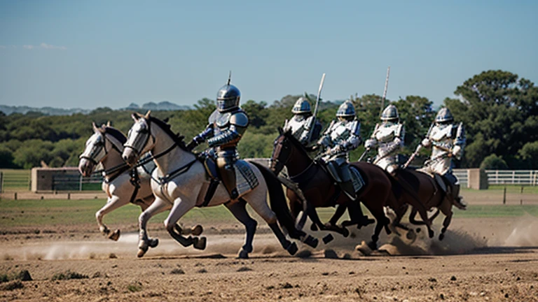 knights in ancient armor on a spartan-style battlefield. white and black horses with armor and ancient chariots.