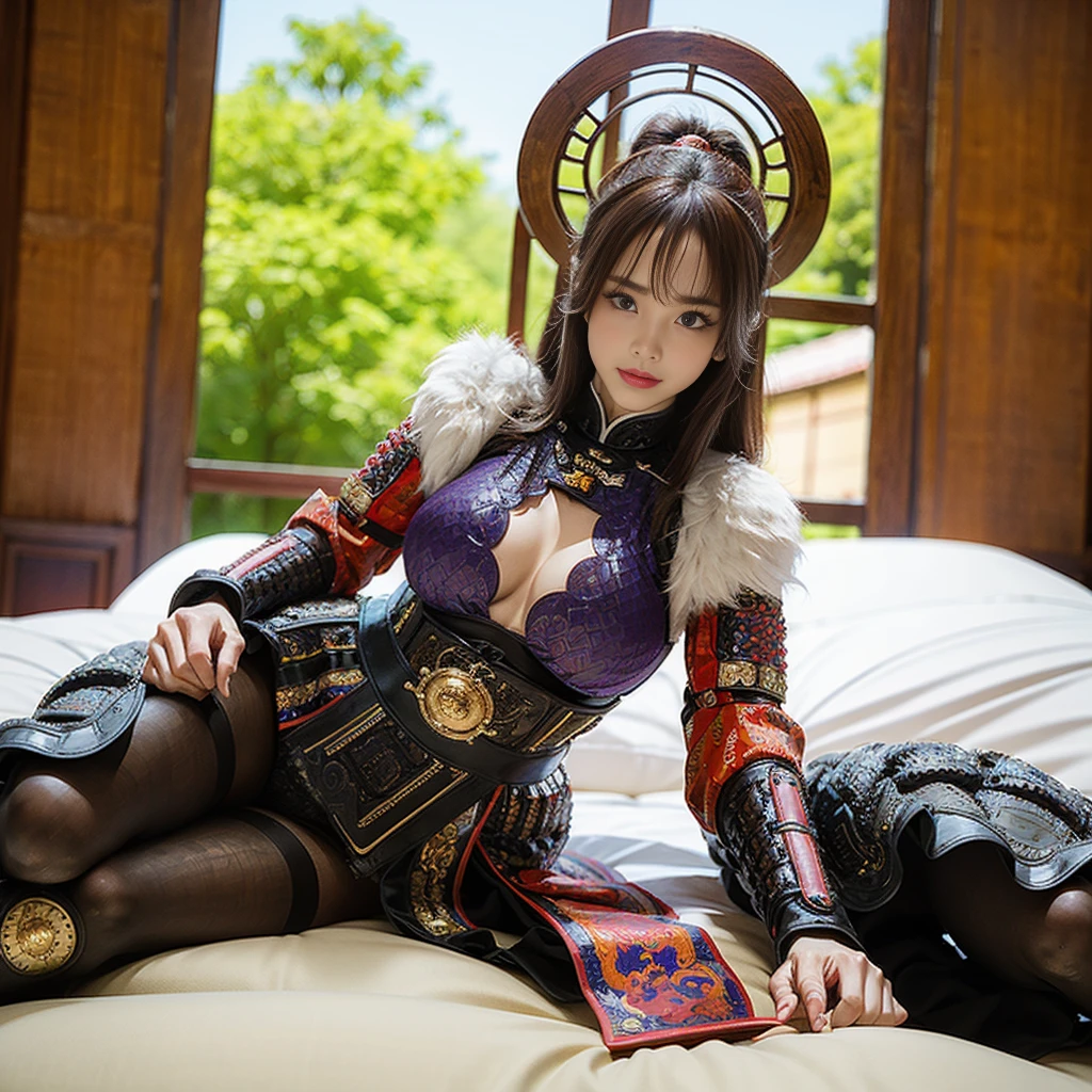 (((full body photo))) Ancient Chinese architecture,Female warriors in national style,Wear revealing armor,Simple clothing, Minimalist style,Mixed Chinese and American races,The background is blurred out,focal,Cowboy shot,电影灯光,(((tmasterpiece))), ((best qualtiy)), ((Complex and detailed)), ((ultra-realistic realism)), Ridiculous resolution, A MILF, Mature woman, ssee-through, highly detailed, illustratio, 1girll, (mediuml breasts), Thin waist and thick hips,long leges,beatiful detailed eyes, short detailed hair, brunette color hair, a purple eye, blackstockings,lacy clothing,with faintly visible,Cool armor,The body proportions are perfect,(No underwear:1.2),detailed back ground, perfect eyes, Seductive eye, (nice hand),Detail hands,looking at viewert,From the front,Wear light,juicy legs,deep v big breasts,Tattooed with