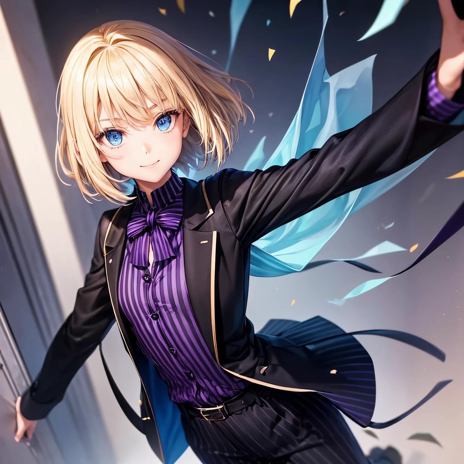 elementary school slender girl((flat )), blonde hair (( straight short hair )), Wearing a blue colored sweater(( black vertical stripes)), long chesterfield coat((purple)), and black long pants, bright smile (( the corners of her mouth rise)), round crystal blue eyes, a gentle wind blowing at a field , pose of looking back, stretch her arms forward 