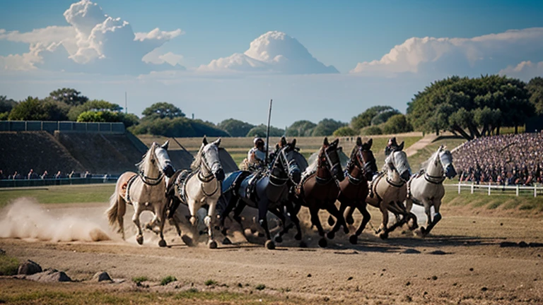 a thousand knights in ancient armor on a Spartan-style battlefield. white and black horses with armor and ancient chariots.