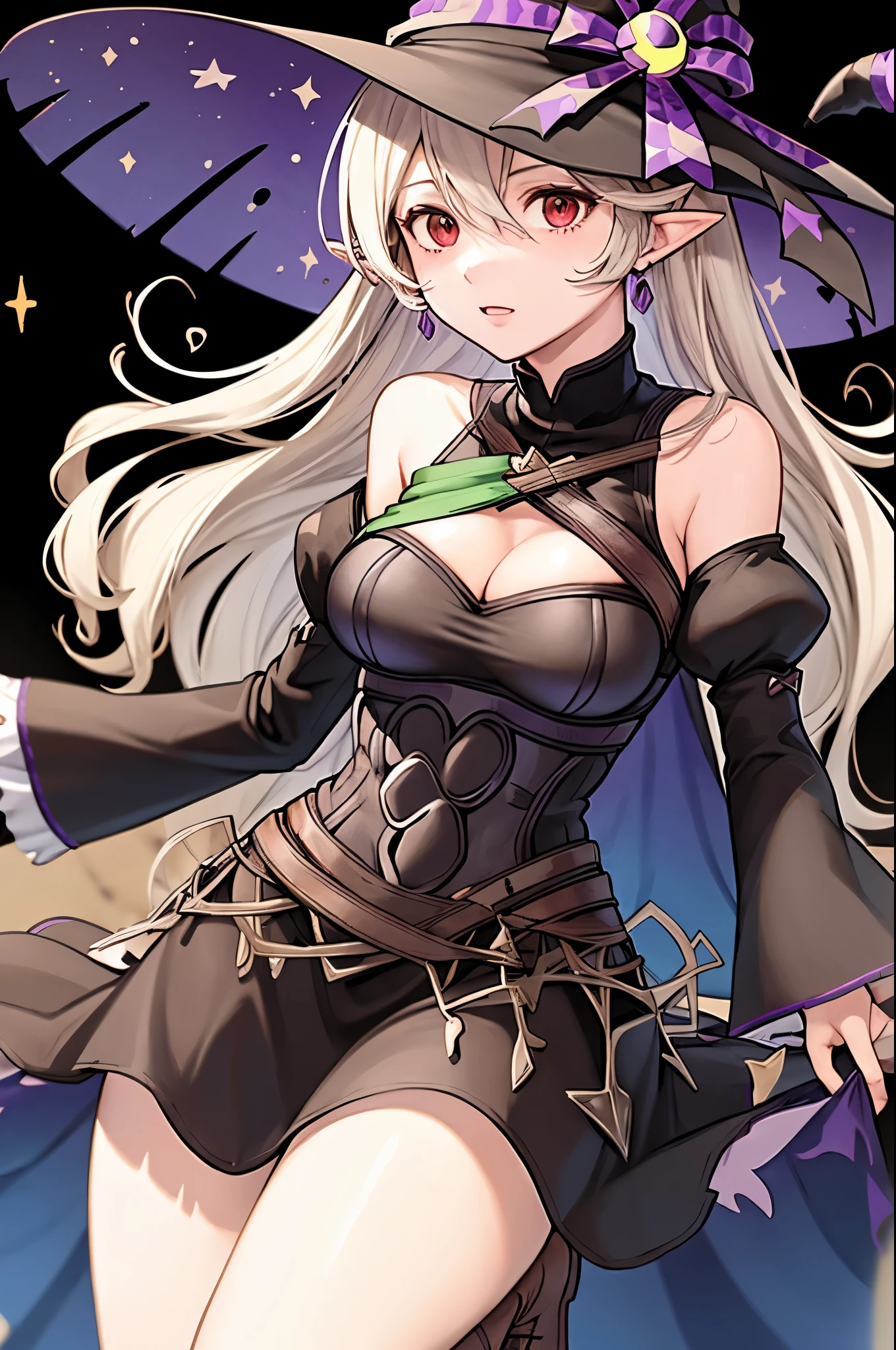 halCorrin, witch hat, halloween costume, cleavage, detached sleeves, earrings, brown boots, solo, 1girl