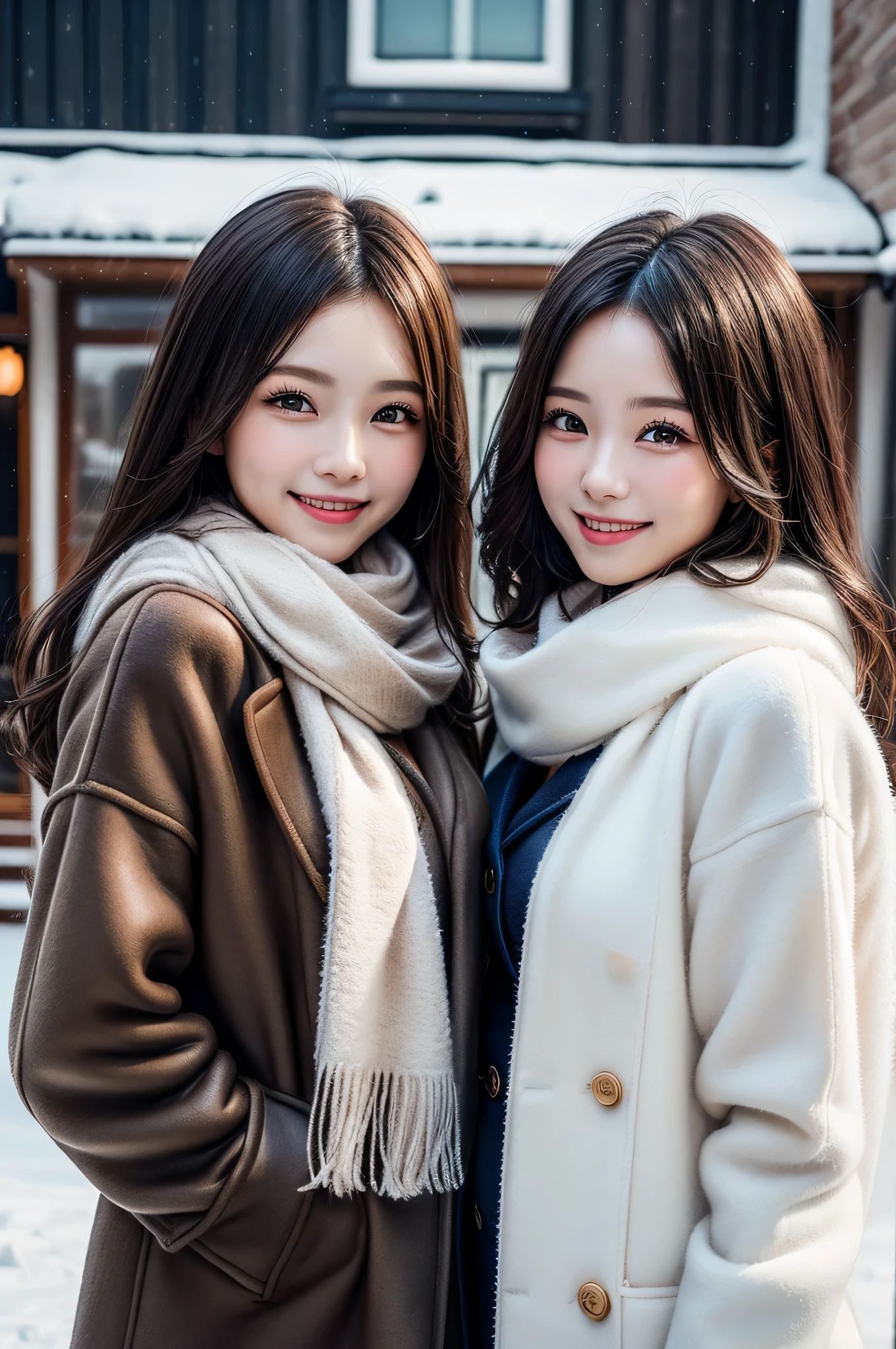 (2young girls), (Ultra realistic), (warm mink coat, woolen scarf:1.3), upper body, caute smile, (best quality:1.4), Raw photo, (realistic, photo-realistic:1.37), professional photography, cinematic light, outdoors, snowy,