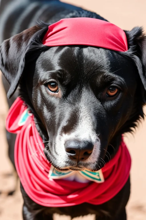 
 cachorro dálmata muito peludo com bandana vermelha em volta do pescoço em uma grama
 florida, boca aberta com a língua para fora, 