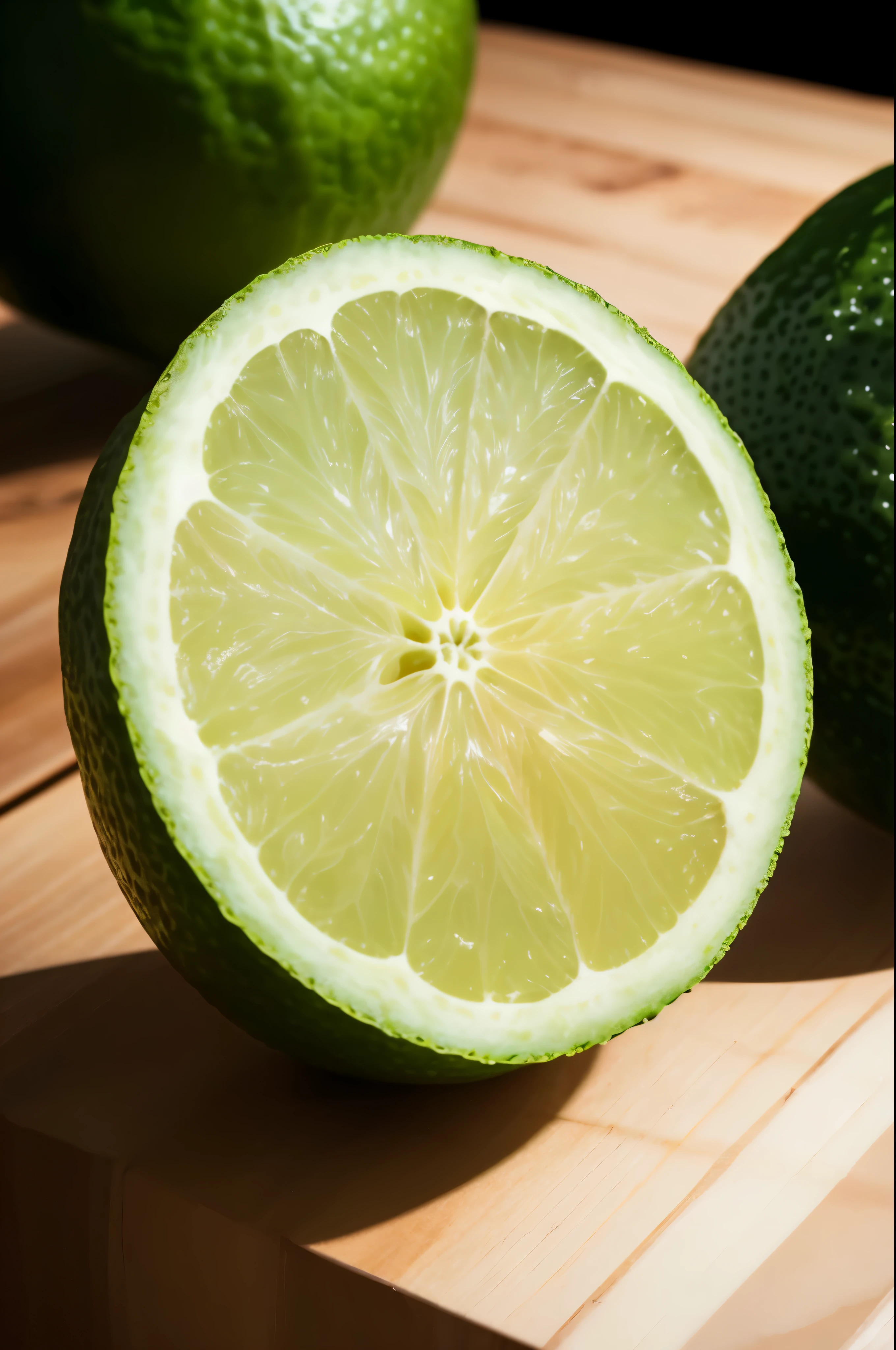 A captivating cross section of a succulent lime, skillfully placed on a dark, polished wooden table, invites viewers to delve deeper into this tantalizing image. This highly detailed and intricate photograph, meant for a restaurant advertisement video, showcases the lime's complex layers and textures, revealing the perfect balance of light and shadow. The close-up perspective adds to the engaging experience, allowing one to almost taste the zesty citrus delights hidden within. Captured with the utmost precision, this visually enticing composition is a true testament to the power of photography. Shot with a Canon EOS R5, 60mm Macro Lens, F/