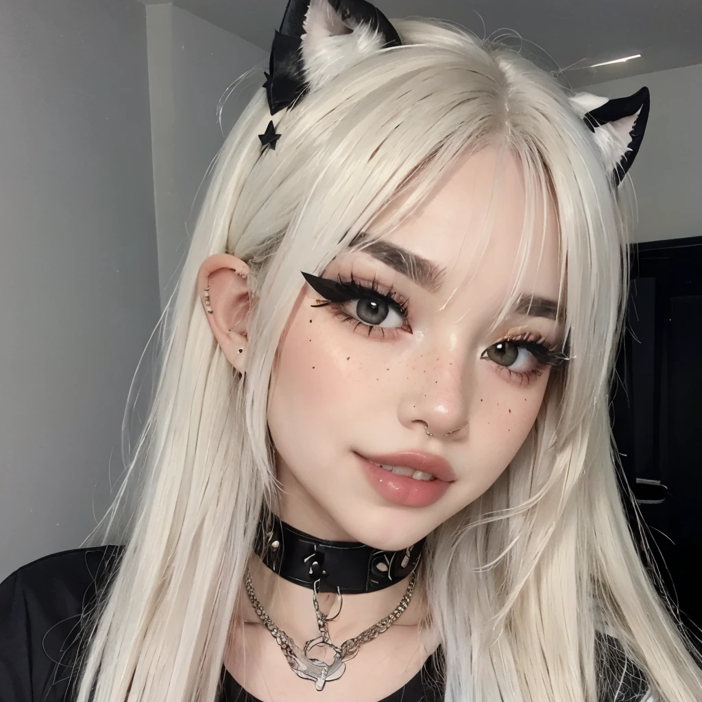 1girl, egirl, white hair, straight hair, freckles, devil horns, tshirt, dog collar, eyeliner, mascara, eye shadow, smoky eyes, nose ring, grin, teeth, bedroom, egirl_face, septum, piercing, large breasts