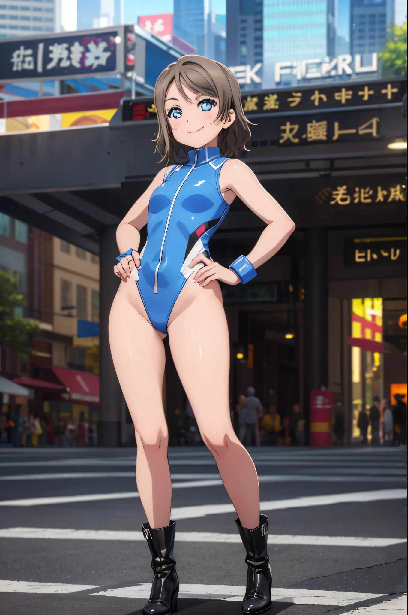 (((pixel-perfect, detail-perfect))), solo focus, 1girl, you watanabe, looking at viewer, smile, superhero, leotard, highleg leotard, bare legs, boots, standing, solo focus, hands on hip, full body shot, city backdrop, sleeveless, ultra highres, absurdres, ((only five fingers)), perfect body, good proportions