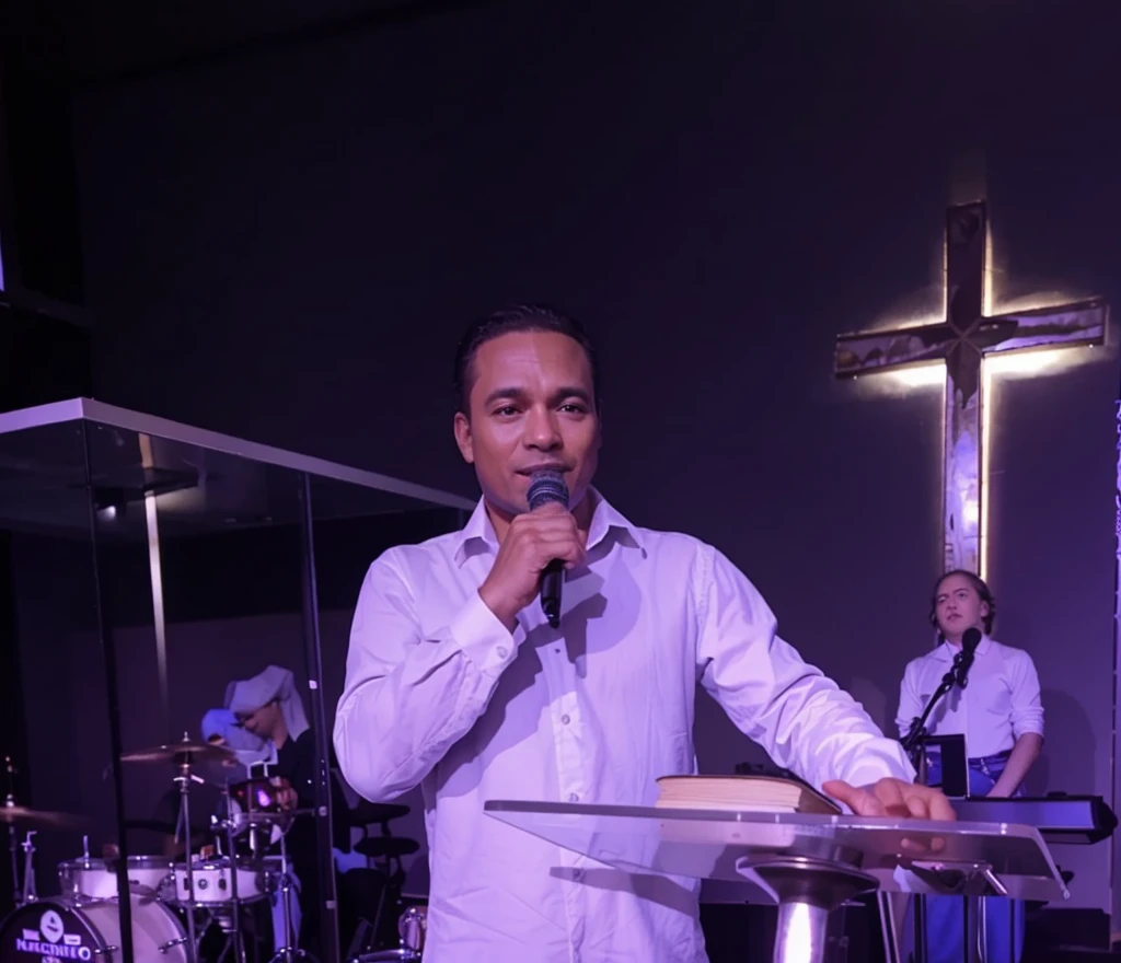 there is a man standing at an altar in a church with a microphone, photo captured on iphone, album photo, the background is heavenly, glorious supernatural power, on stage, musicians in the background, lights, black color background wall, Disney Pixar 3D