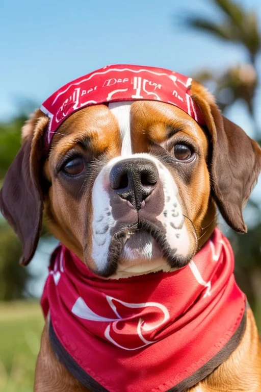 (((( cachorro dálmata ))) com bandana vermelha em volta do pescoço em uma grama
florida, boca aberta com a língua para fora,