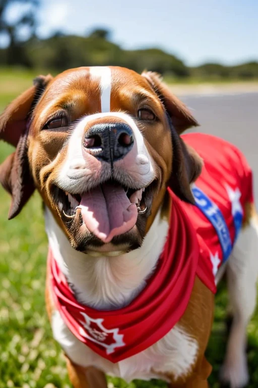 (((( cachorro dálmata ))) com bandana vermelha em volta do pescoço em uma grama
florida, boca aberta com a língua para fora,