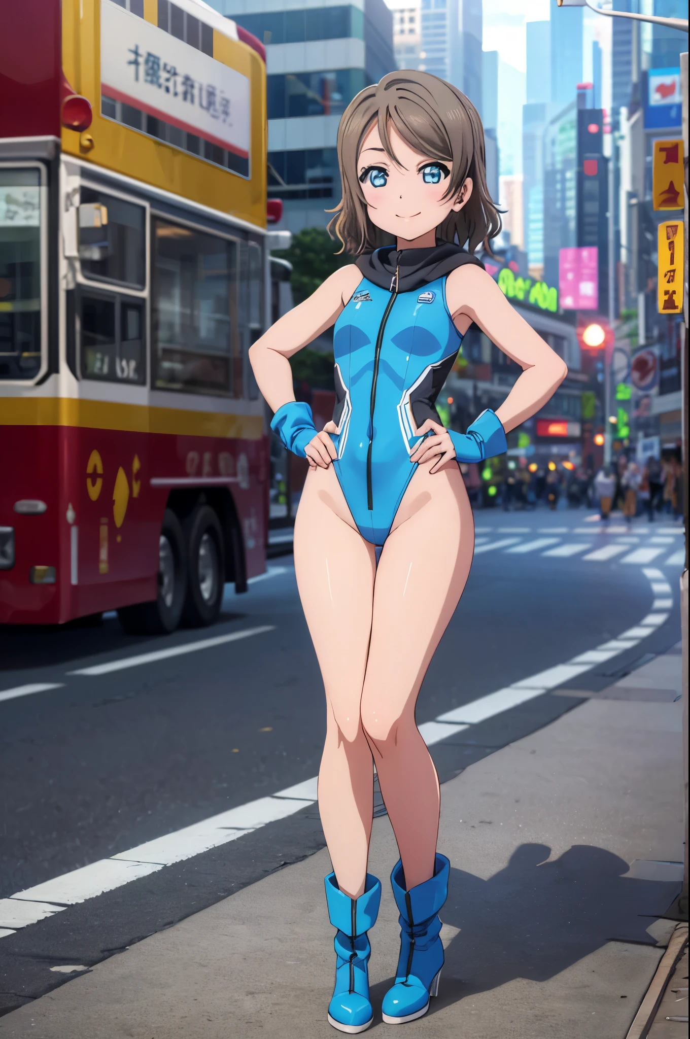 (((pixel-perfect, detail-perfect))), solo focus, 1girl, you watanabe, looking at viewer, smile, superhero, leotard, highleg leotard, bare legs, boots, standing, solo focus, hands on hip, full body shot, city backdrop, sleeveless, ultra highres, absurdres, ((only five fingers)), perfect body, good proportions