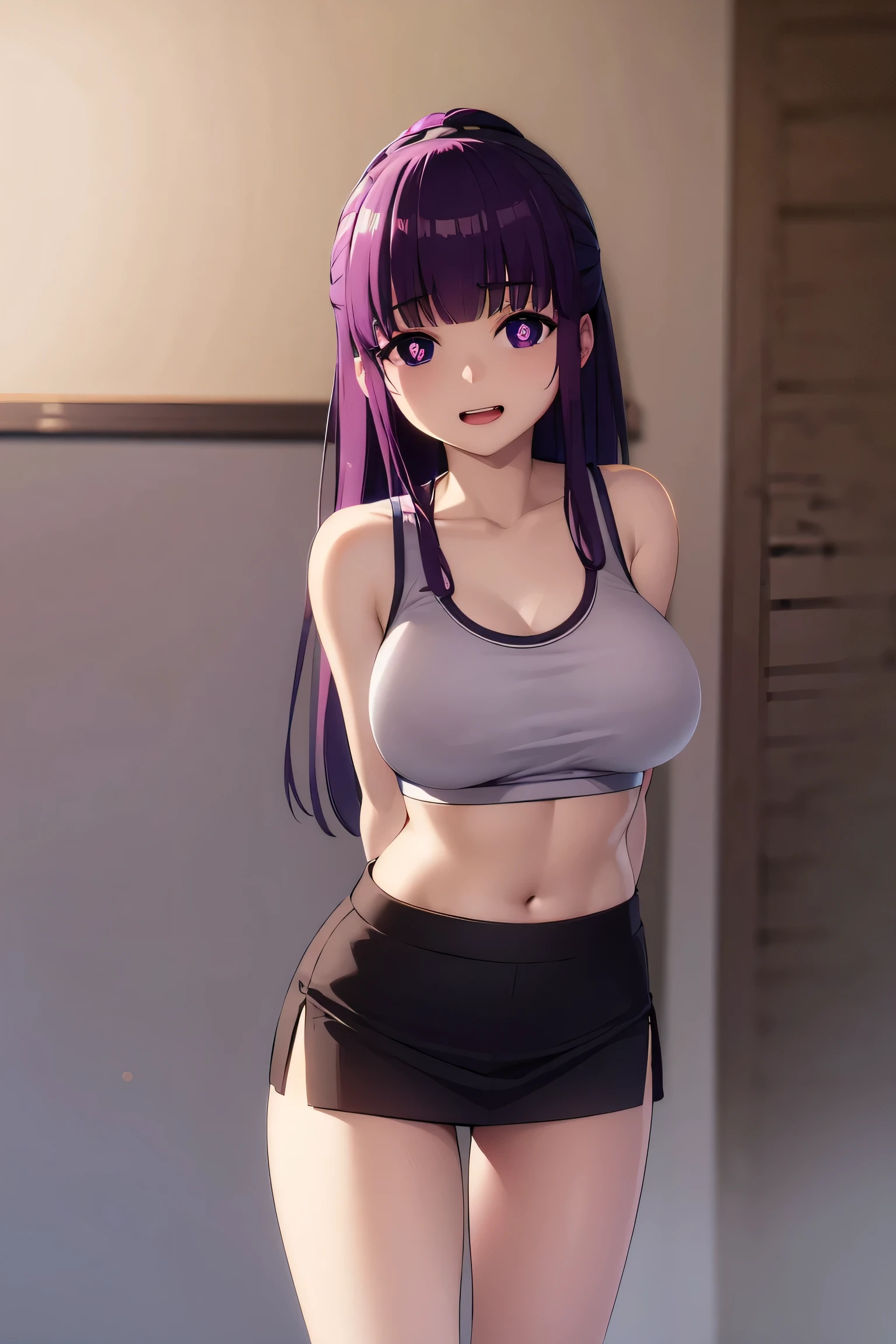 fern, long hair, bangs, (purple eyes:1.1), purple hair, sidelocks, blunt bangs, (bright pupils:1.5), half updo,(large breast:1.2) ,BREAK (sports bra,mini-skirt:1.2),(nice leg line:1.3), BREAK looking at viewer,to stand,cool face, cheerfulness,downy,(facefront), leaning forward, arms behind back, BREAK ((with a pure white background)), BREAK (masterpiece:1.2), best quality, high resolution, Light effect, ultra-clear, high definition pictures, (perfect hands, perfect anatomy),