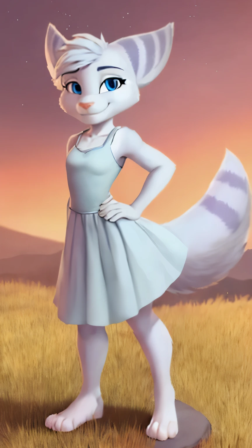 Furry Rivetlombax posing in an open field. She’s wearing a light blue sundress with a knee length skirt. She stands in a heroic pose with her left hand on her hip while looking at the viewer with a confident smile. Her tail must be visible.