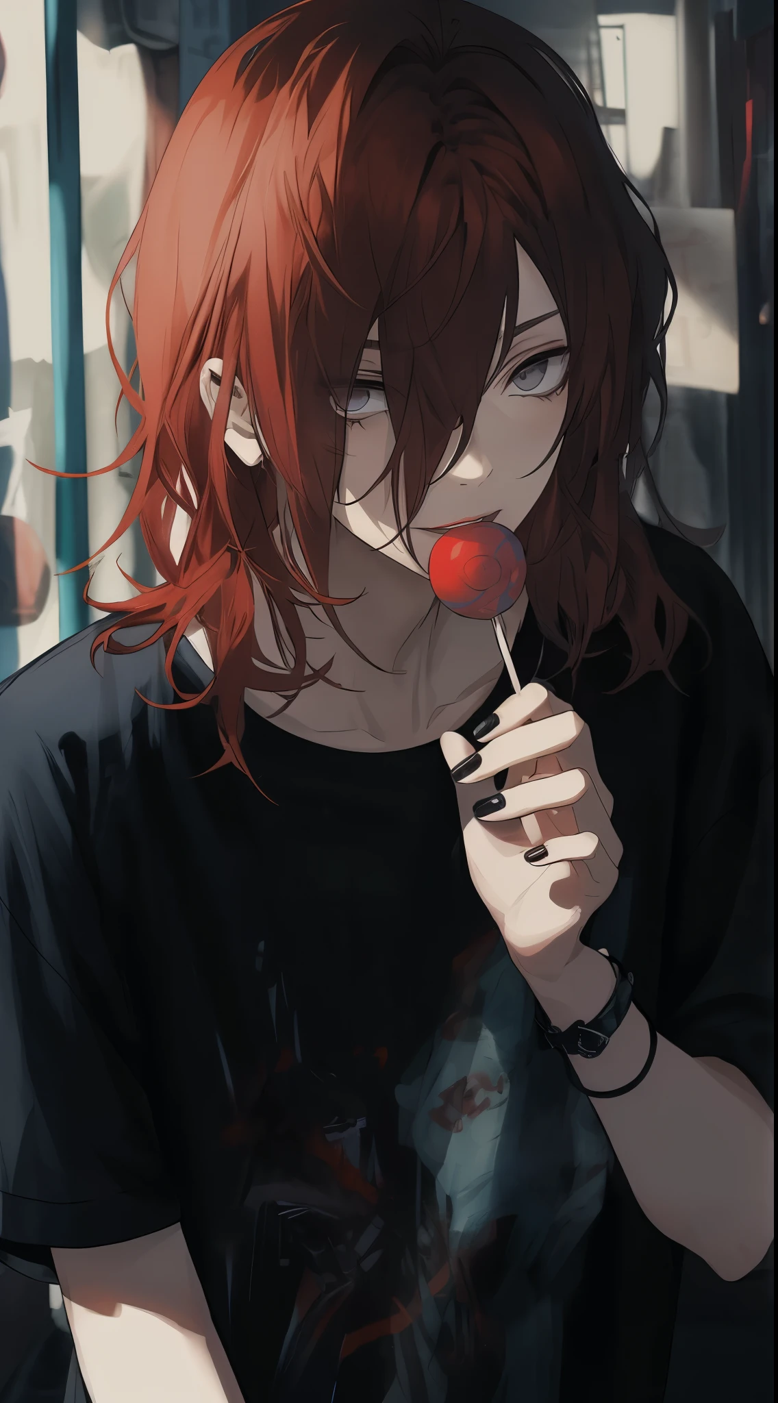 ((gray eyes)),  thick lips, Beautiful young man, red hair, shoulder length hair, slit eyes, blue lollipop, black casual clothes, monotone room,high quality, amount of drawing, pixiv illustration