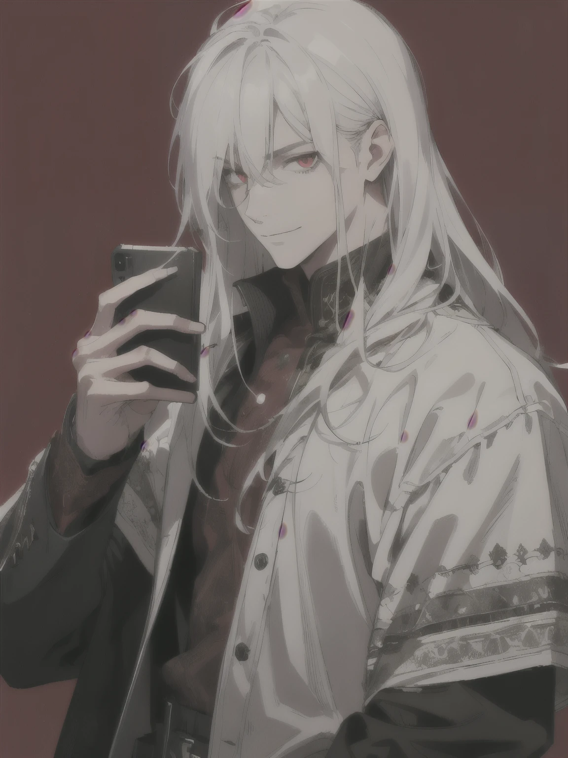 masterpiece, best quality, 1 male, adult, tall muscular, handsome, finely detailed eyes, intricate details, long white hair, red eyes, intricate details, simple red background, (dark theme), old clothes, cinematic lighting, colorful, portrait, light, dutch angle, cowboy shot, king clothes, magazine pose, cynical smile, (holding a smartphone close to the face), sharp eyes, upper torso