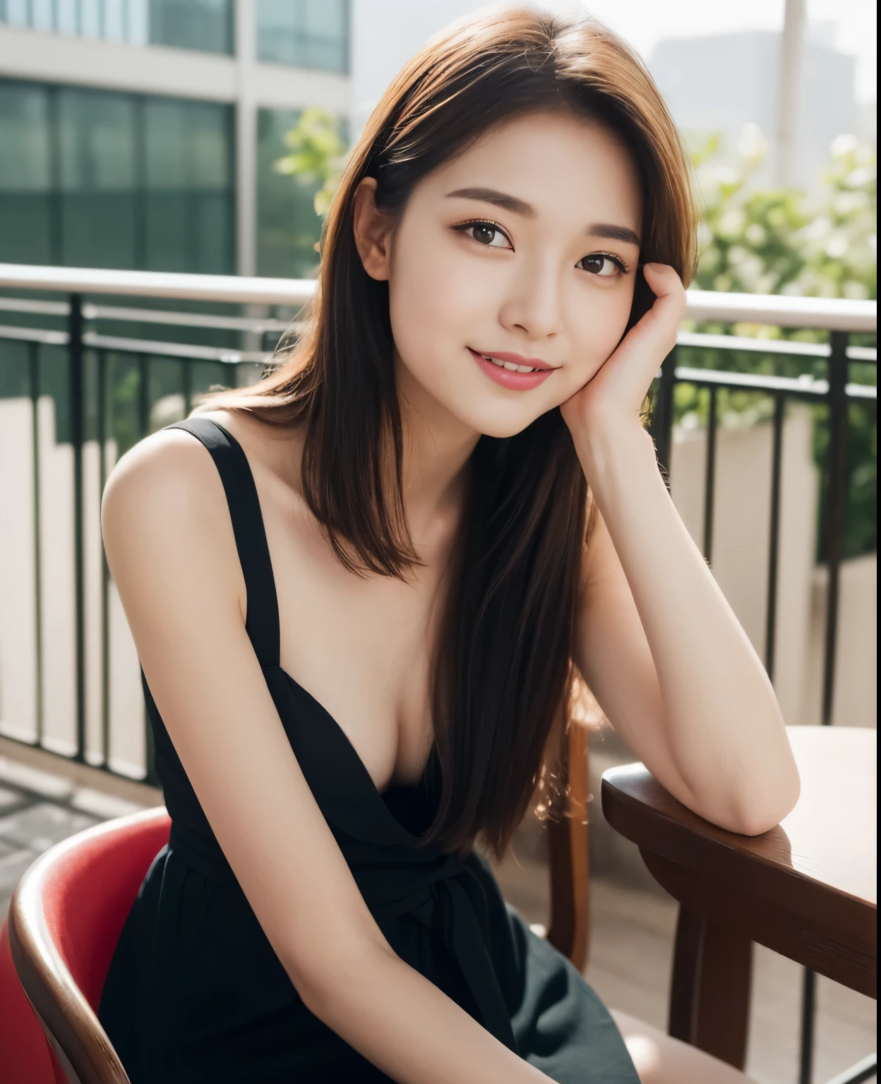 ((Top quality, 8K, masterpiece: 1.3)), Beautiful girl, pure, melon face, gentle and cute, sweet kissing gesture, sweet smile, pure desire, slender body, (front), (tilted head), (Looking) at the camera), wearing dresses of various colors, medium hair, normal chest, arms folded across the chest, long flowing shoulders, large round black eyes, large clear eyes , moist red eyes. Lips, sweet, sitting on a chair, morning cafe terrace background, ((taken from the waist up)),