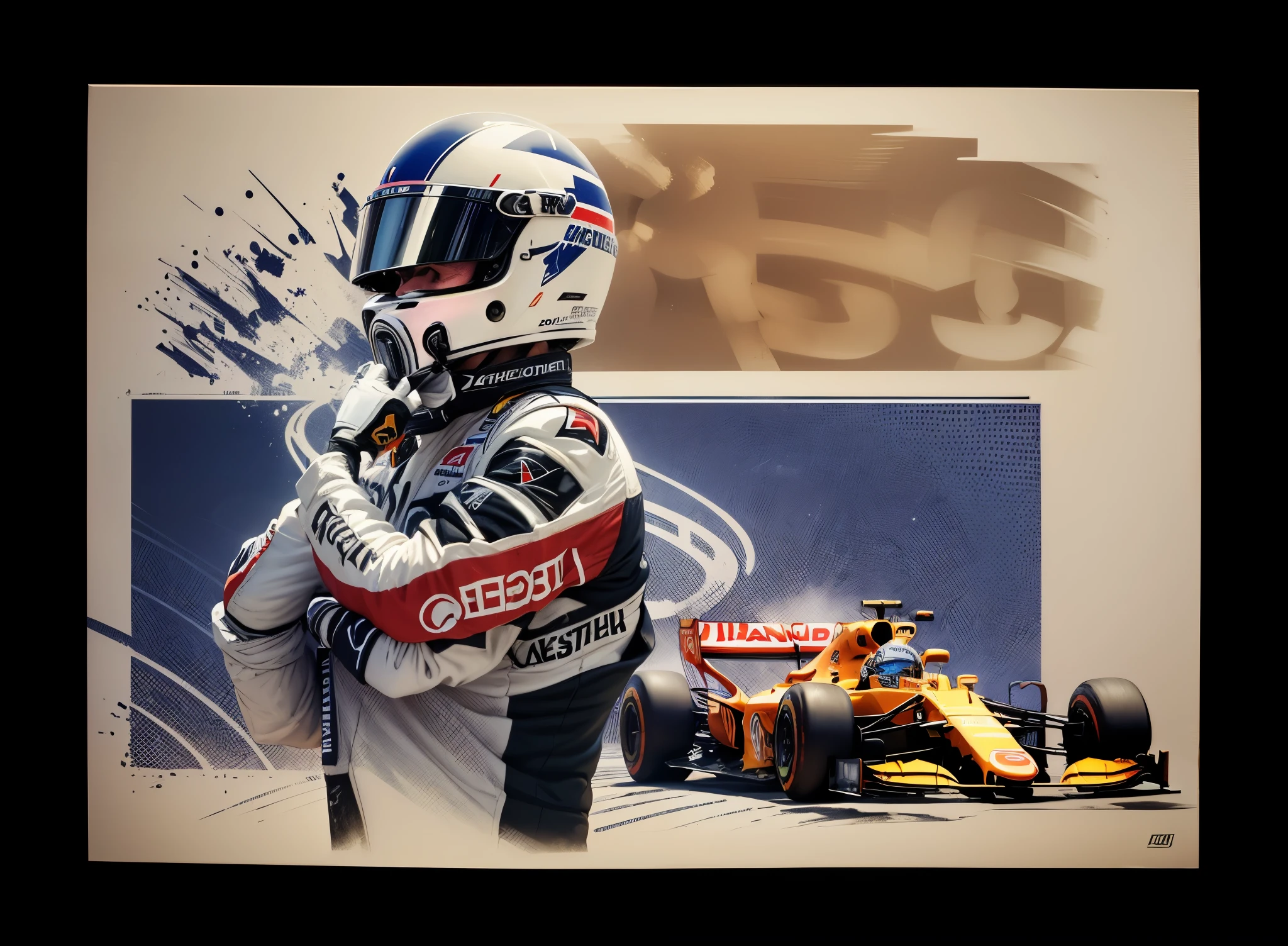 A formula 1 car driver standing putting on his helmet, behind a formula 1 car running at full speed on top the number 150 is written with a metallic effect
