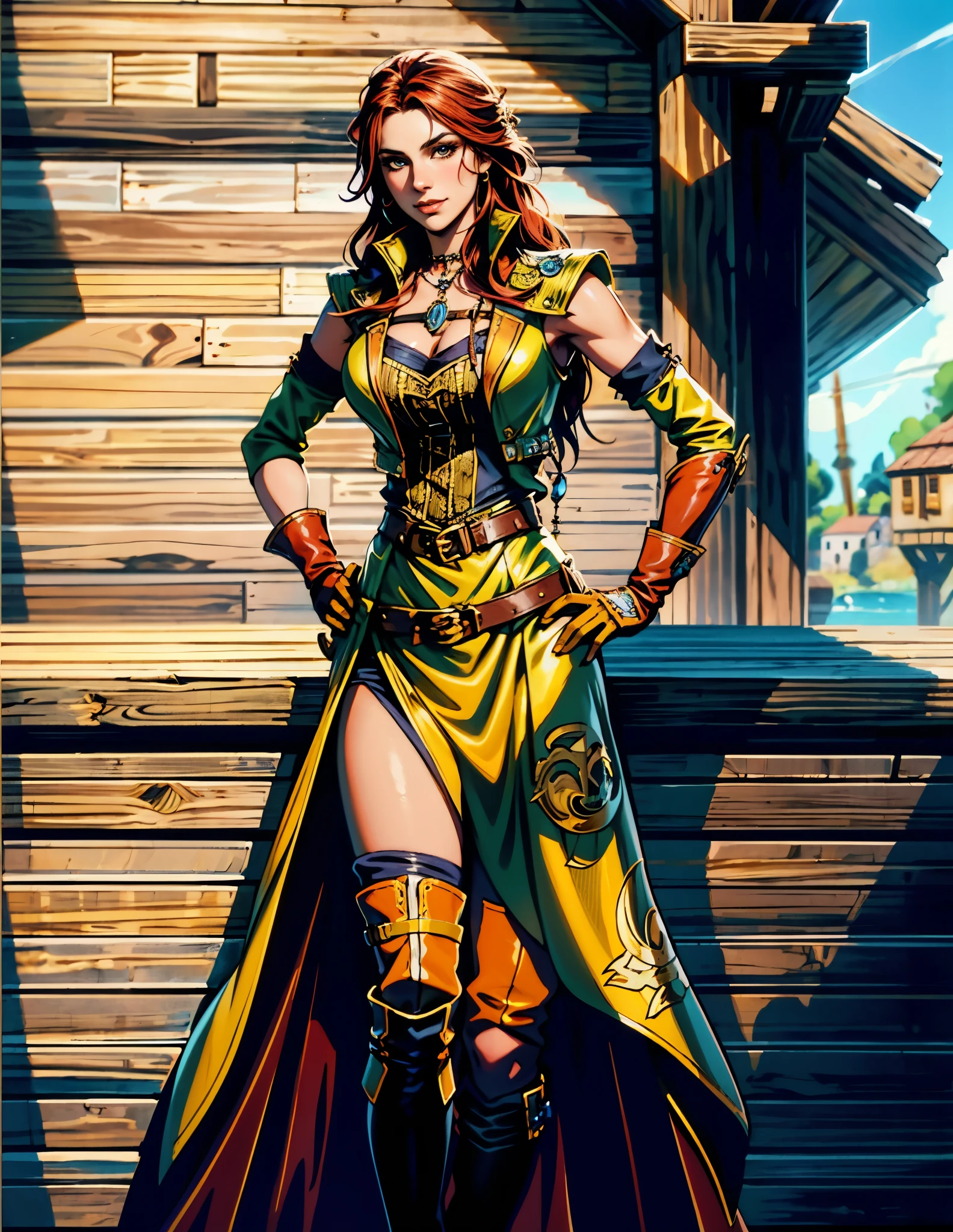 A beautiful woman with flowing orange long hair, exquisite facial features, a playful smile, confident eyes, a tall figure, a two-piece fantasy-style pirate robe coat, yellow as the main color and red as the auxiliary color, long wrist guard gloves on her hands, a gold belt around her waist with a short hem, leather pants, knee-high boots, standing with her hands on her hips in front of a fantasy medieval-style port tavern, this character embodies a finely crafted fantasy-style female pirate in anime style, exquisite and mature manga art style, high definition, best quality, highres, ultra-detailed, ultra-fine painting, extremely delicate, professional, anatomically correct, symmetrical face, extremely detailed eyes and face, high quality eyes, creativity, RAW photo, UHD, 8k, Natural light, cinematic lighting, masterpiece-anatomy-perfect, masterpiece:1.5