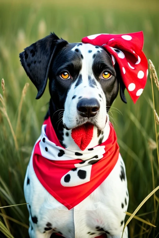 very hairy dalmatian dog with red bandana around his neck in a flowering grass, looking at the viewer with head turned to the side, olhando bobo, looking funny.