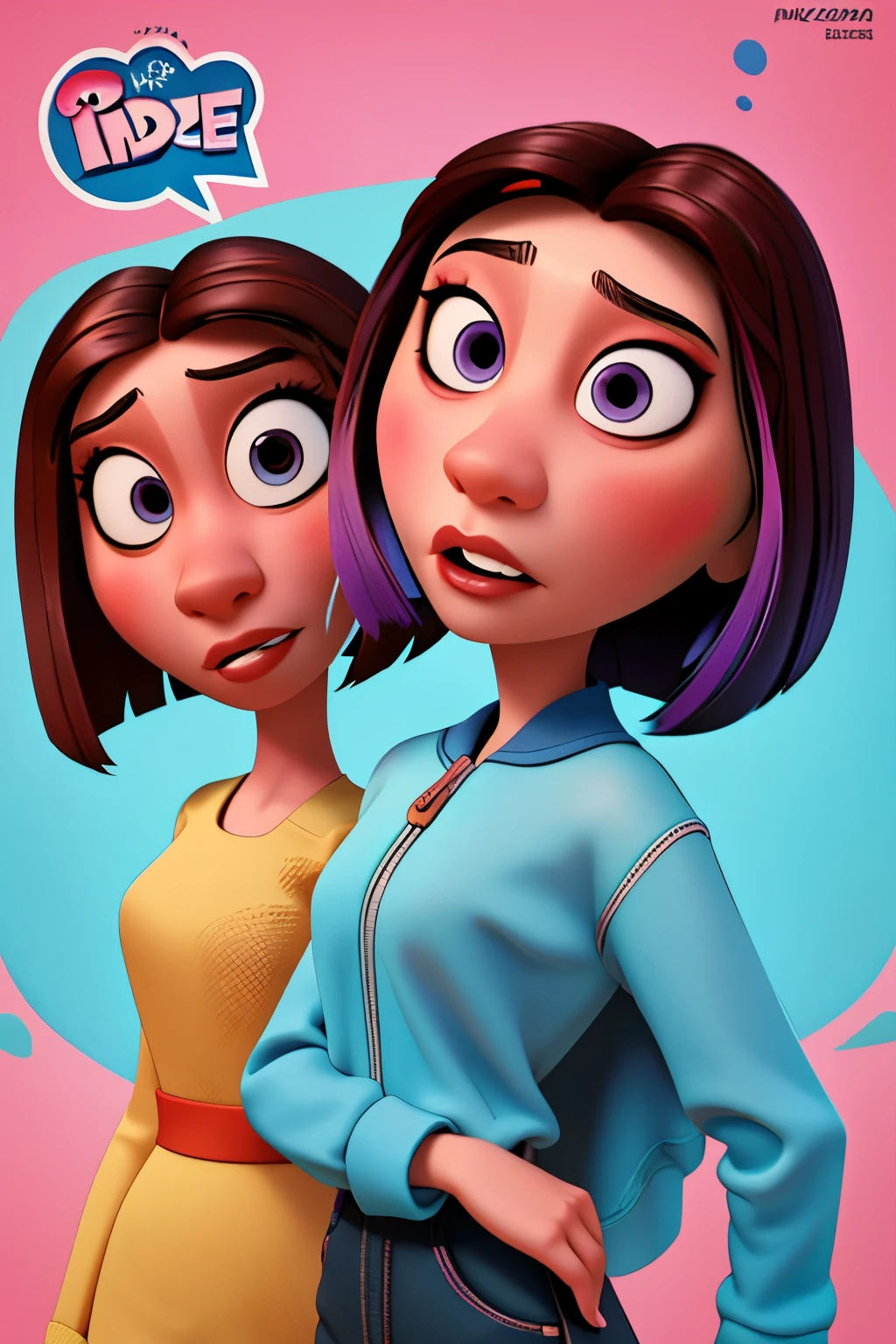 Poster of the film inspired by disney pixar with title "(inside out)" (indecisive teenage girl) the scene must follow the artistic style similar to pixar, with a focus on the characters' expressions, vibrant colors, detailed textures and characteristics of their animations