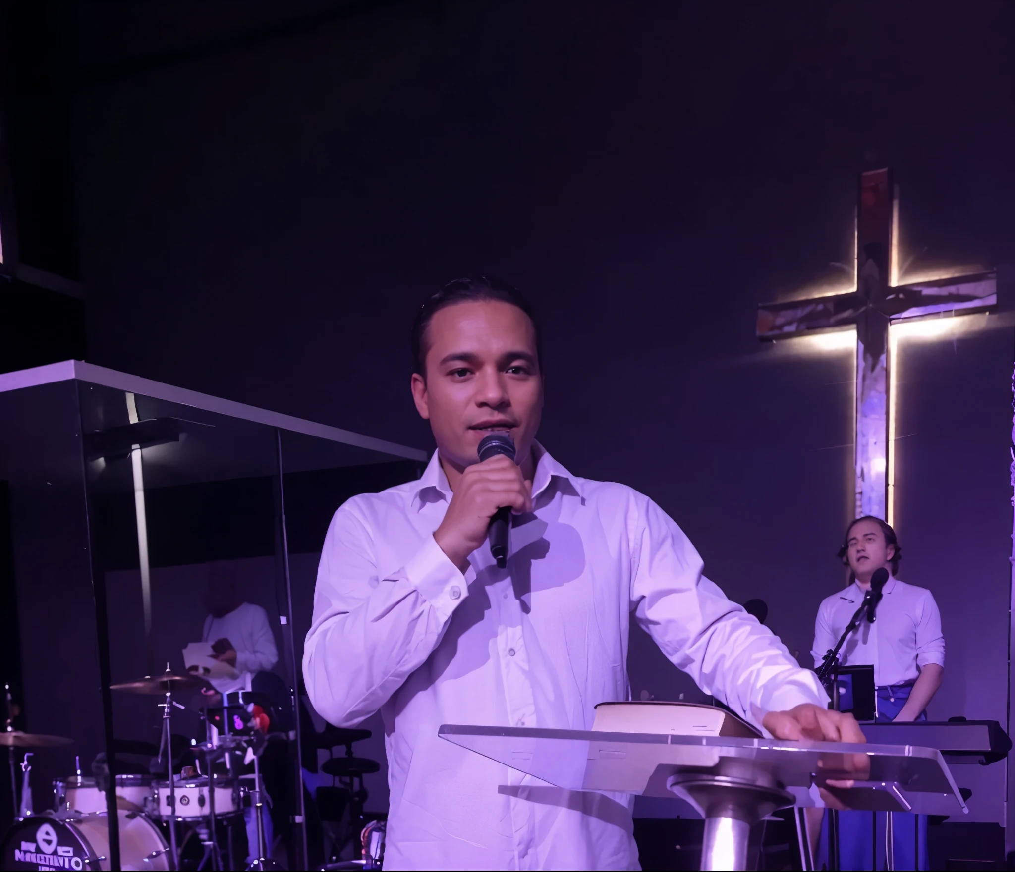 there is a man standing at an altar in a church with a microphone, photo captured on iphone, album photo, the background is heavenly, glorious supernatural power, on stage, musicians in the background, lights, black color background wall, Disney Pixar 3D