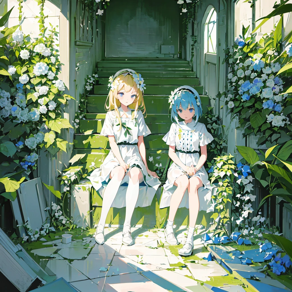 (2 girls, blonde hair, blue eyes, white sundress, kawaii), (white flower field, green road, brick tunnel, sunlight filtering through the foliage, abandoned church), (low contrast, flat color, limited palette)