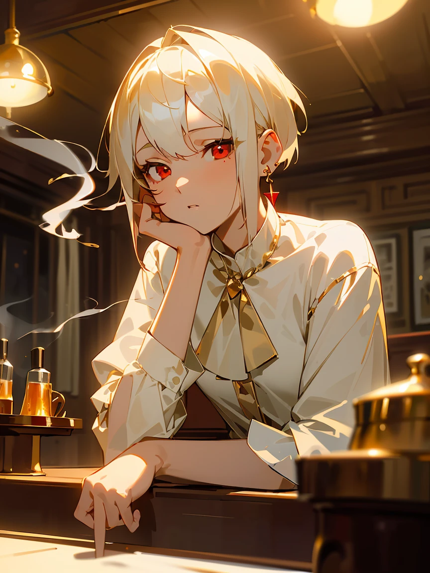 masterpiece, Best Quality, 1 girl, calm expression, (((Short white hair, Red eyes, White blouse shirt, Gold earrings))), (Sitting, Smoking), ((Indoor, Night, pub)), (Sharp Focus:1.2), Professional Lighting, Photon mapping, Radio City, Physically Based Rendering