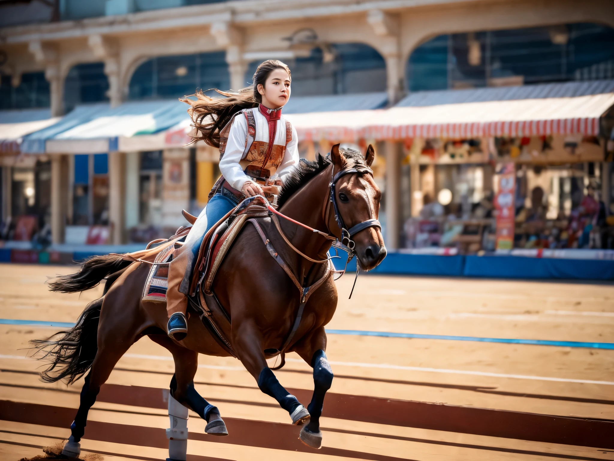 (Top Quality, 8K, High Resolution, masterpiece:1.2), ultra-detailed, realistic, physically based rendering, HDR, colorful lighting, Girl riding a toy rodeo (bull) on the rooftop of a department store