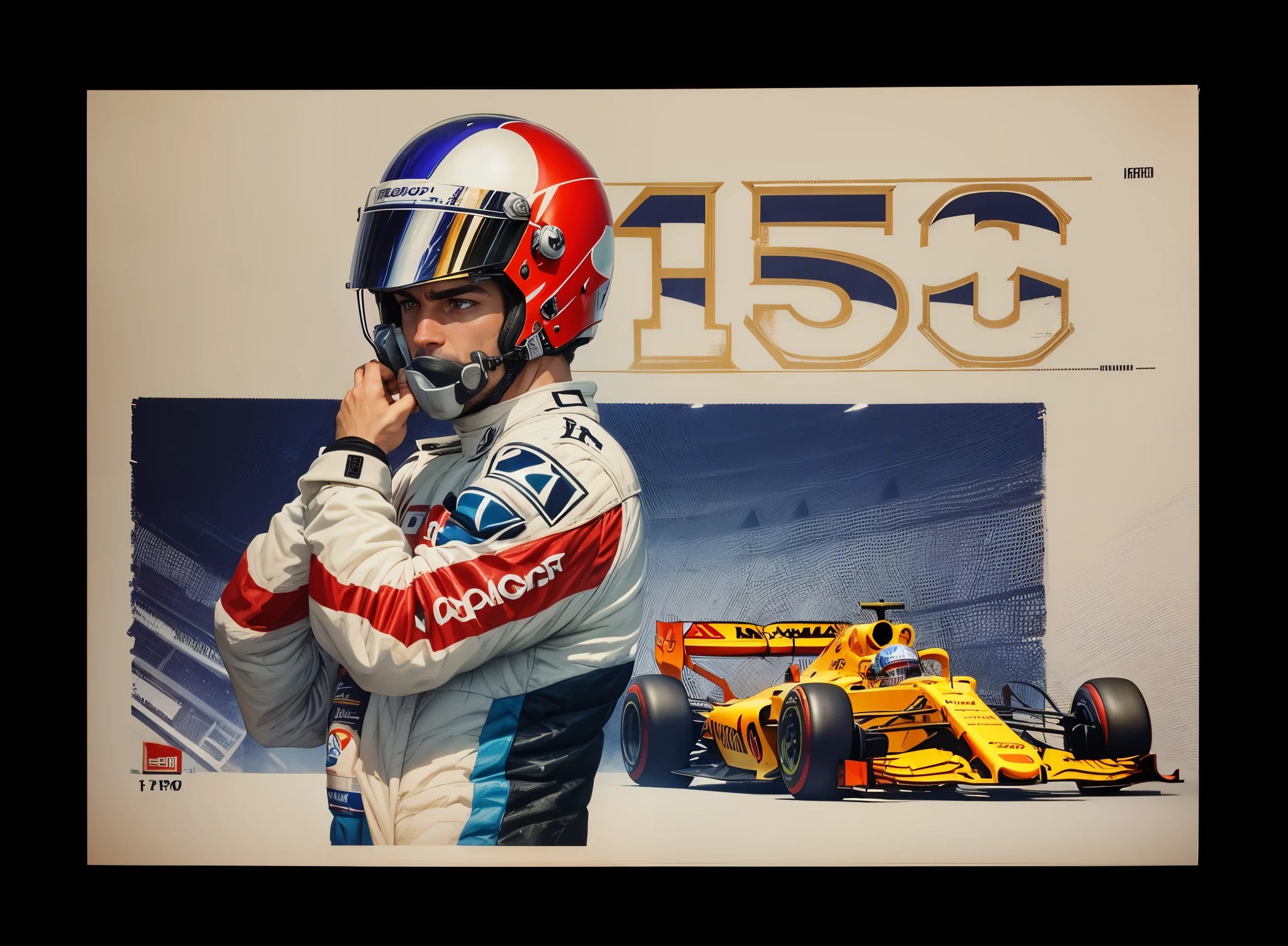 A formula 1 car driver standing putting on his helmet, behind a formula 1 car running at full speed on top the number 150 is written with a metallic effect
