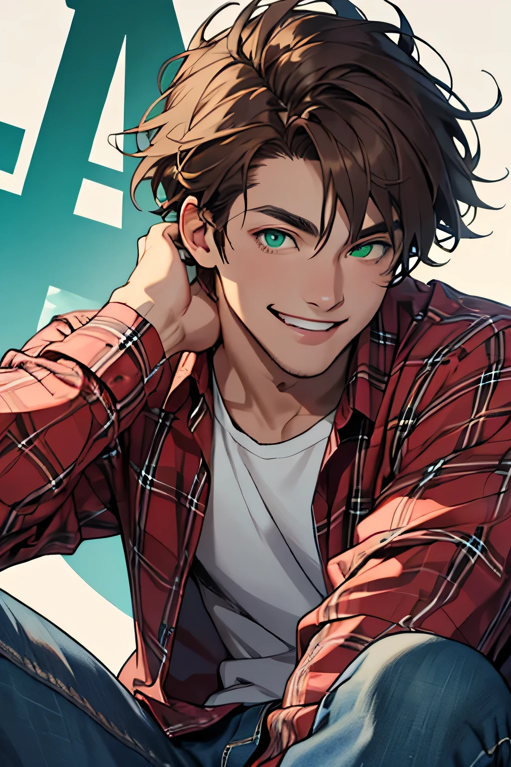 ((best quality)), ((masterpiece)), (detailed), perfect face, male, green eyes, brown hair, wearing flannel and jeans, smiling brightly, background is a dark bar
