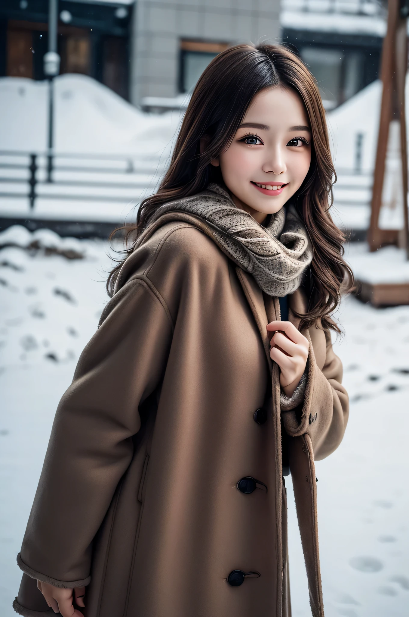 (1young girl),  (Ultra realistic), (warm mink coat, woolen scarf:1.3),  upper body,  caute smile,  (best quality:1.4),  Raw photo,  (realistic,  photo-realistic:1.37),  professional photography,  cinematic light, outdoors, snowy,