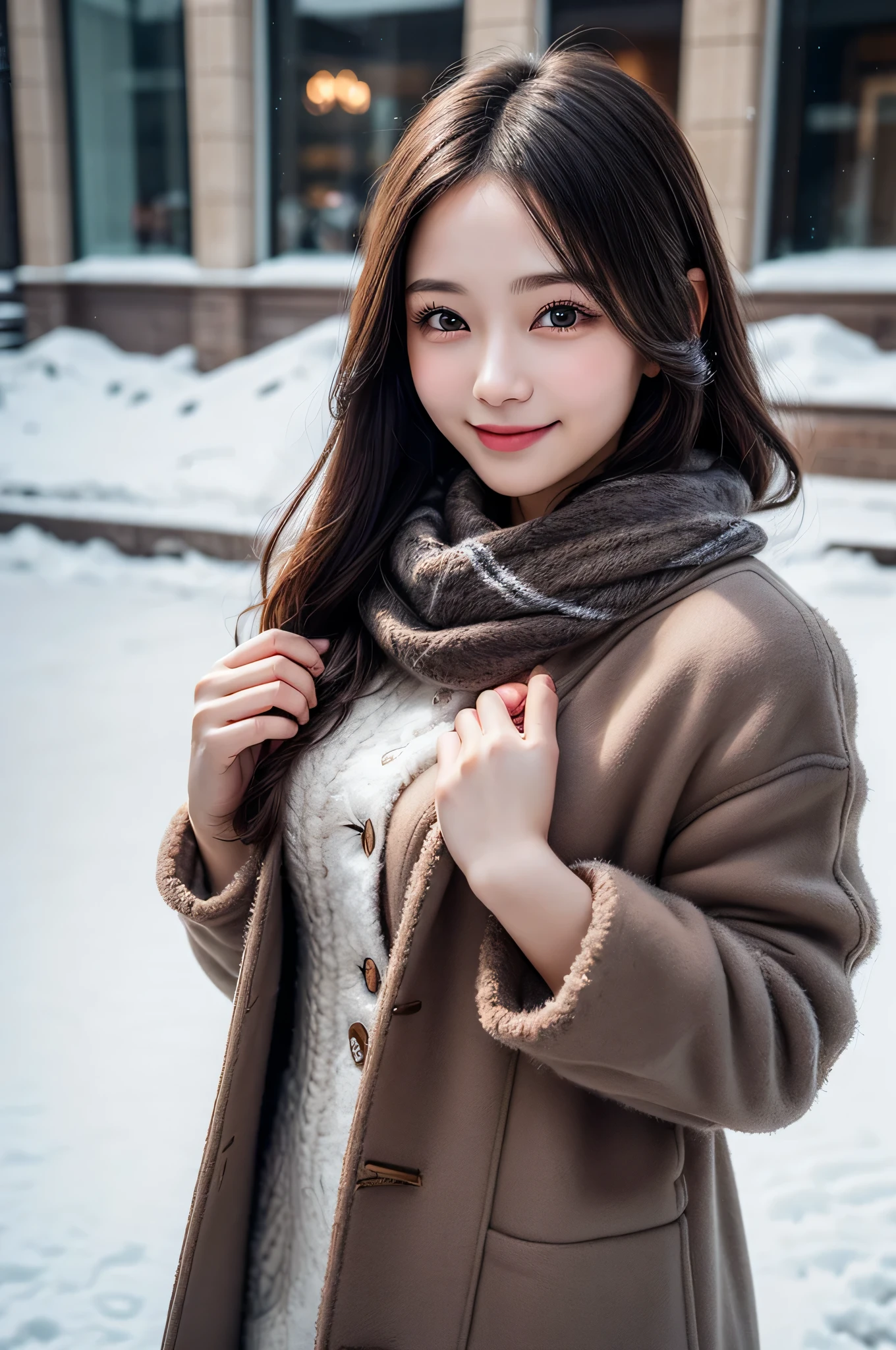 (ung girl), (Ultra realistic), (warm mink coat, woolen scarf:1.3), upper body, caute smile, (best quality:1.4), Raw photo, (realistic, photo-realistic:1.37), professional photography, cinematic light, outdoors, snowy,