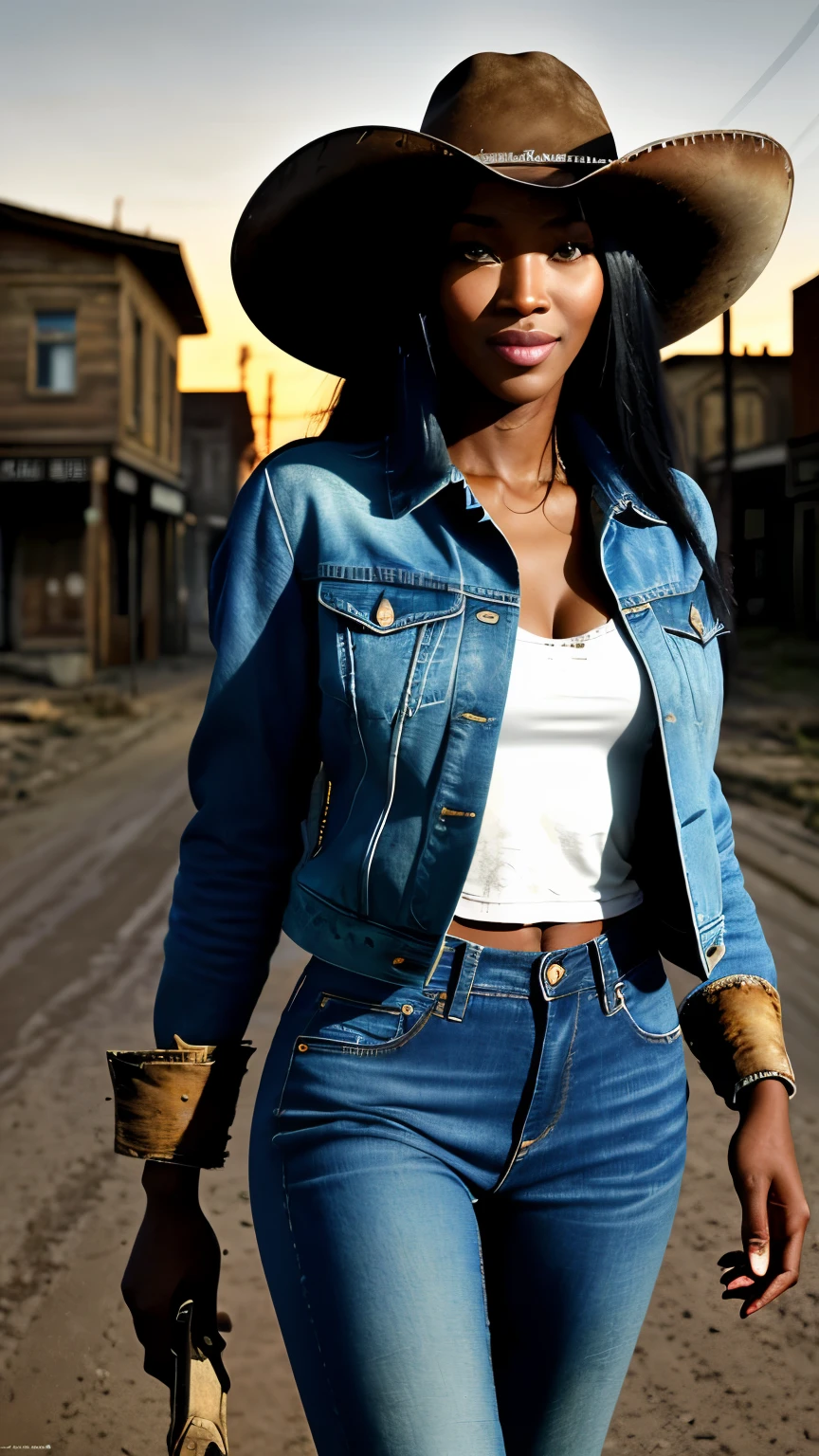 Foto hiperrealista en primer plano de Naomi Campbell, masterpiece, best quality, (photorealistic:1.4), (cowboy outfit, jacket and jeans pants) Create dystopian masterpieces. Western theme, dusty atmosphere, wooden buildings, a setting sun casting long shadows, aged and worn costumes, anticipation in the air, intense standoff, empty street, deserted town, beautiful woman, skinny, medium breasts, black long hair, detailed face, smile, facing the camera, photo taken from a distance, age of 18 years old