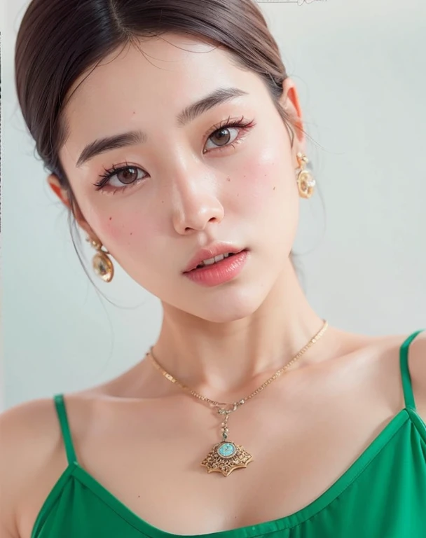 un primer plano de una mujer que llevaba un vestido verde y un collar, hermosa mujer surcoreana, hermosa joven coreana, hermosa joven coreana, maquillaje coreano popular, maquillaje popular de corea del sur, pale korean adorable face, dilraba dilmurat, inspirado por Kim Jeong-hui, muchacha coreana, inspirado en Sim Sa-jeong, heonhwa choe