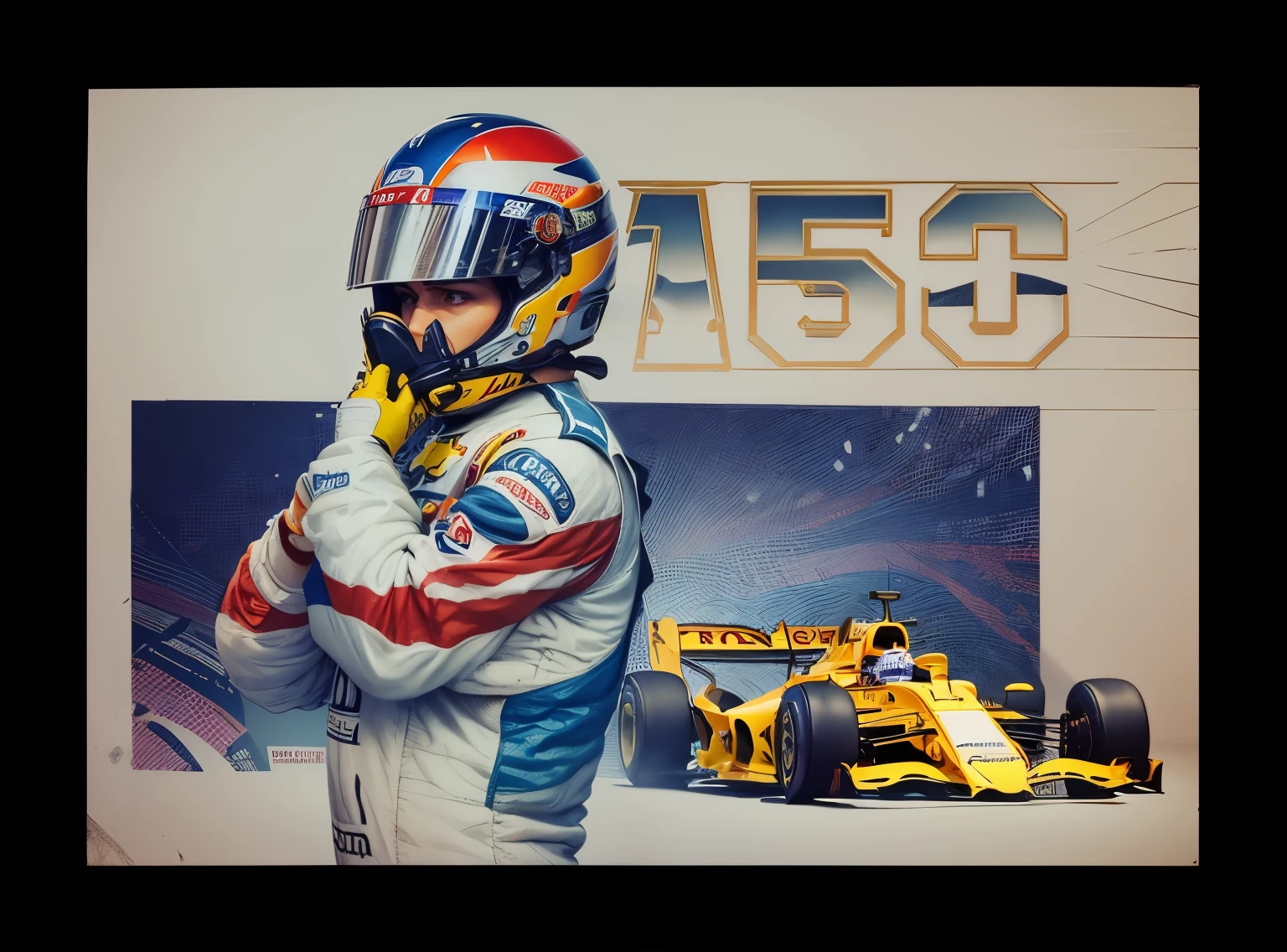 A formula 1 car driver standing putting on his helmet, behind a formula 1 car running at full speed on top the number 150 is written with a metallic effect