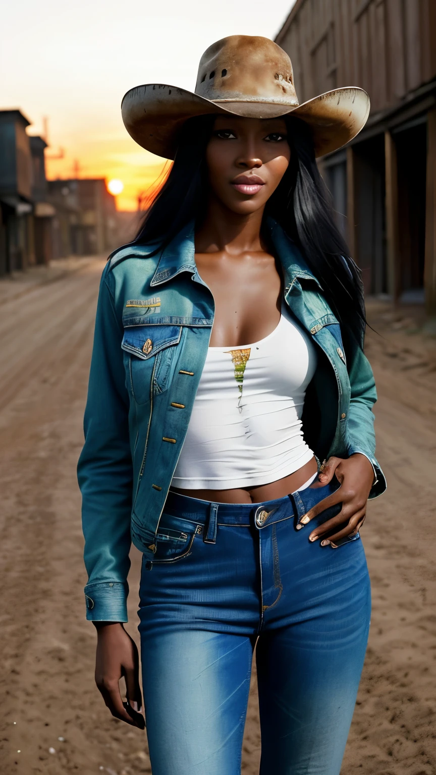 Foto hiperrealista en primer plano de Naomi Campbell, masterpiece, best quality, (photorealistic:1.4), (dirty cowboy outfit, jacket over shirt and jeans pants) Create dystopian masterpieces. Western theme, dusty atmosphere, wooden buildings, a setting sun casting long shadows, aged and worn costumes, anticipation in the air, intense standoff, empty street, deserted town, beautiful woman, skinny, medium breasts, black long hair, detailed face, smile, facing the camera, photo taken from a distance, age of 18 years old