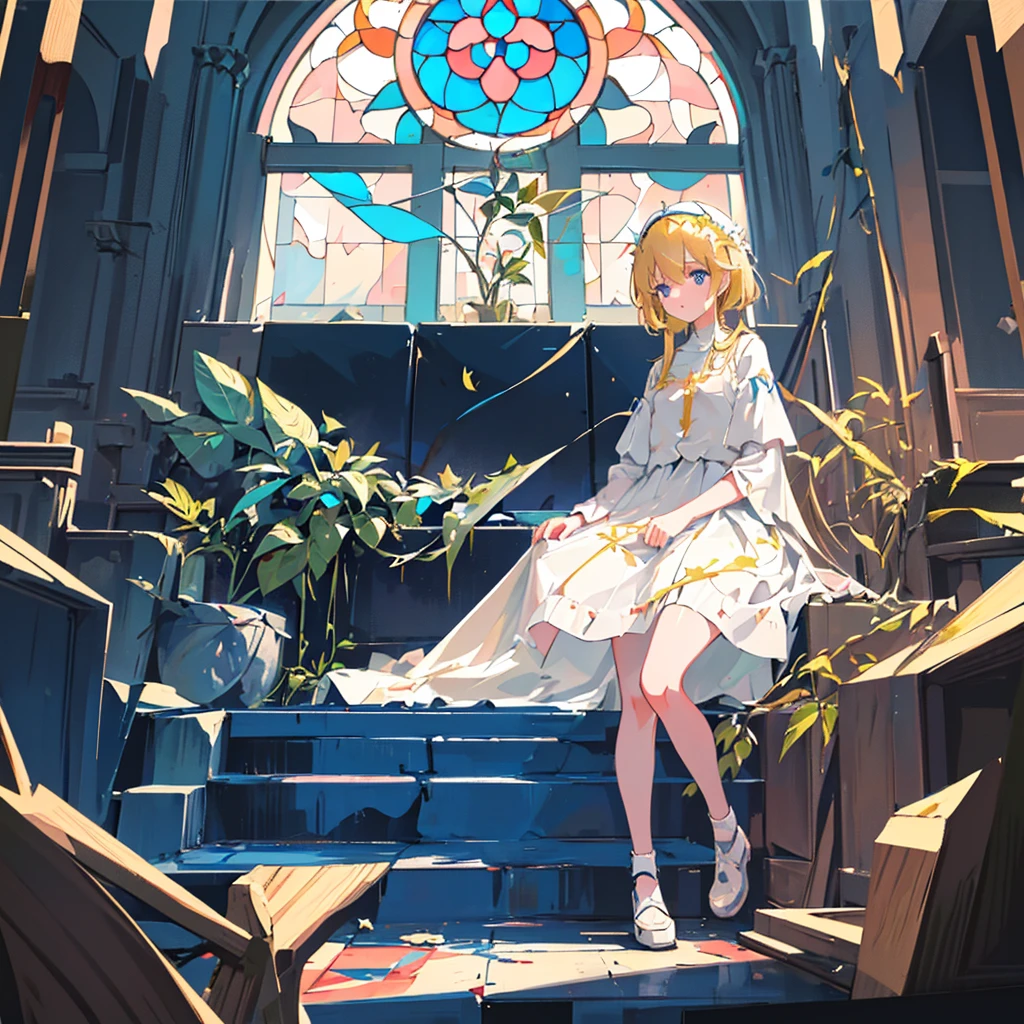 (1 angel girl, blonde hair, blue eyes, white sundress, kawaii), (abandoned church, stained glass, sunlight filtering through the foliage), (low contrast, flat color, limited palette)