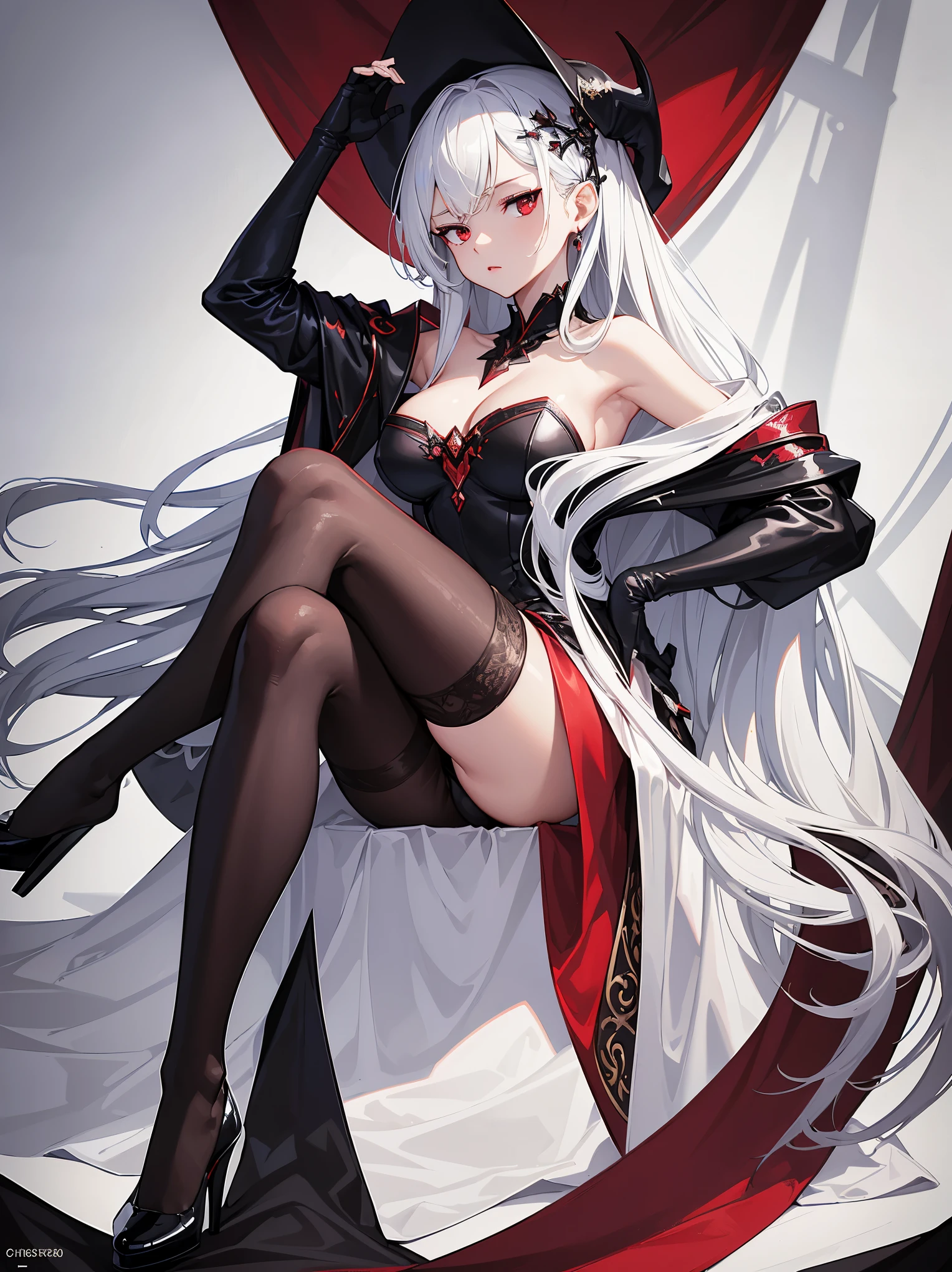 (masterpiece, best quality, highres, high quality:1.2), award winning, super detail, high details, textured skin, anatomically correct, ccurate, UHD, retina, 1080P, HD, 4K, 8k, 16k, silver white hair, long hair, shinny hair, perfect medium round breasts, charming and stunning woman, attractive beauty, pantyhose black, white Cloak, high heels, ((Crimson red Eyes)), crimson throne, crimson palace, crimson lighting,