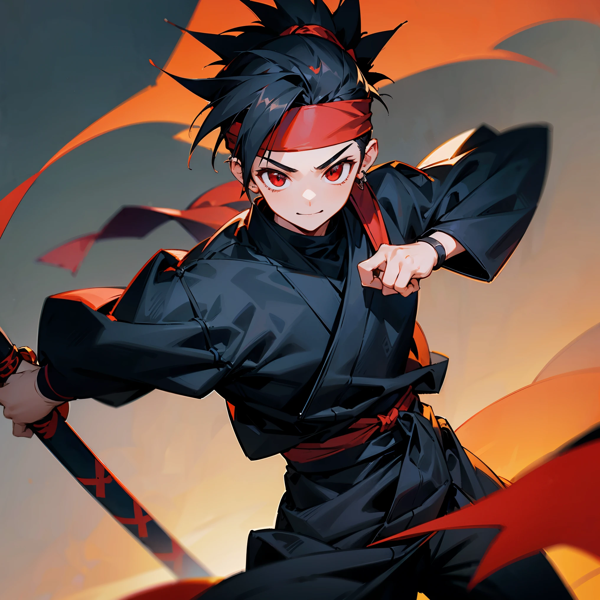 Naruto, 1boy, male focus, solo, glowing, red eyes, ninja, weapon, glowing eyes, holding, looking at viewer, fingerless gloves, gloves, holding ninja secret weapon, sword, black gloves