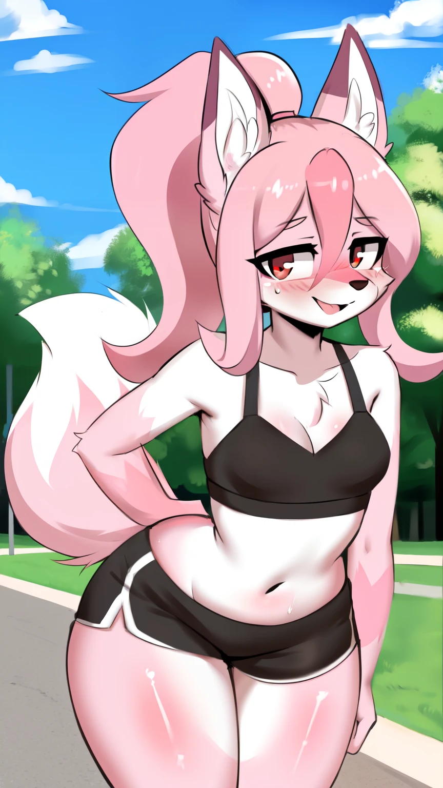 by burgerkiss, Furry, Nazuna_hiwatashi, Anthro, Female, Solo, standing, Mocking Look, (half-closed eyes), Pink Hair, Pink Tail, (black sport bra, sexy sport shorts), (red eyes), (looking at the viewer), (medium breasts, hips), (fox), sunny day, (public park), (pink body, two-tone fur), (blushing, sweatin), (ponytail hair), (bent over)