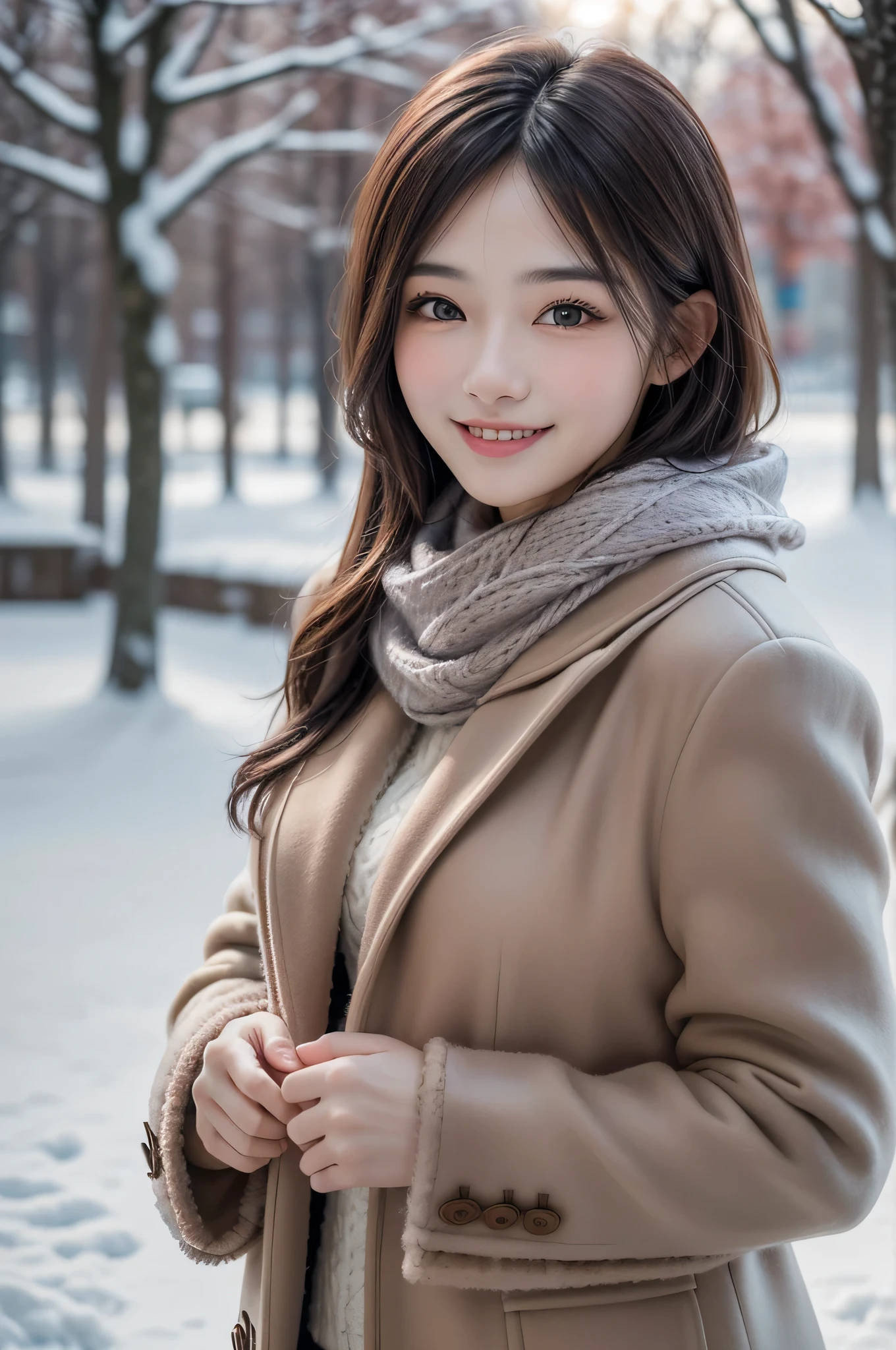 (1young girl),  (Ultra realistic), (warm mink coat, woolen scarf:1.3),  upper body,  caute smile,  (best quality:1.4),  Raw photo,  (realistic,  photo-realistic:1.37),  professional photography,  cinematic light, outdoors, snowy,