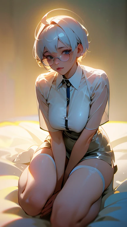 sweet expression, kneel down, hand between legs, white glasses, white short hair, (8K, RAW photo, realistic:1.25) ,( lip gloss, eyelash, shiny face, Glossy skin, highest quality, ultra high resolution, Depth of bounds written, chromatic aberration, caustics, wide light, natural shadow, K-POP idol) Watch viewers in serenity and goddess-like bliss, whole body, big breasts, white underwear, black stockings, see-through shirt, white shirt, secretary
