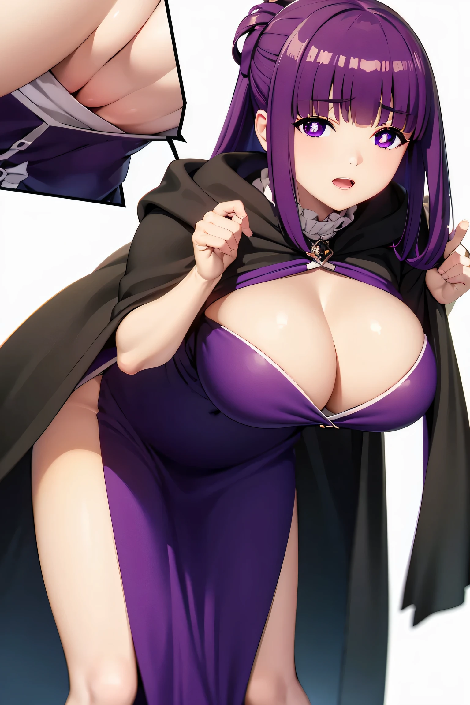 fern, long hair, bangs, (purple eyes:1.1), purple hair, sidelocks, blunt bangs, (bright pupils:1.5), half updo,(large breast:1.2) ,BREAK (purple dress,black_cape, cloak,robe:1.2)，（nice leg line:1.3）, BREAK looking at viewer,to stand,cool face， cheerfulness,downy，（facefront）, leaning forward, armpits,arm up, BREAK （（with a pure white background））, BREAK (masterpiece:1.2), best quality, high resolution,  Light effect, ultra-clear， high definition pictures, (perfect hands, perfect anatomy),