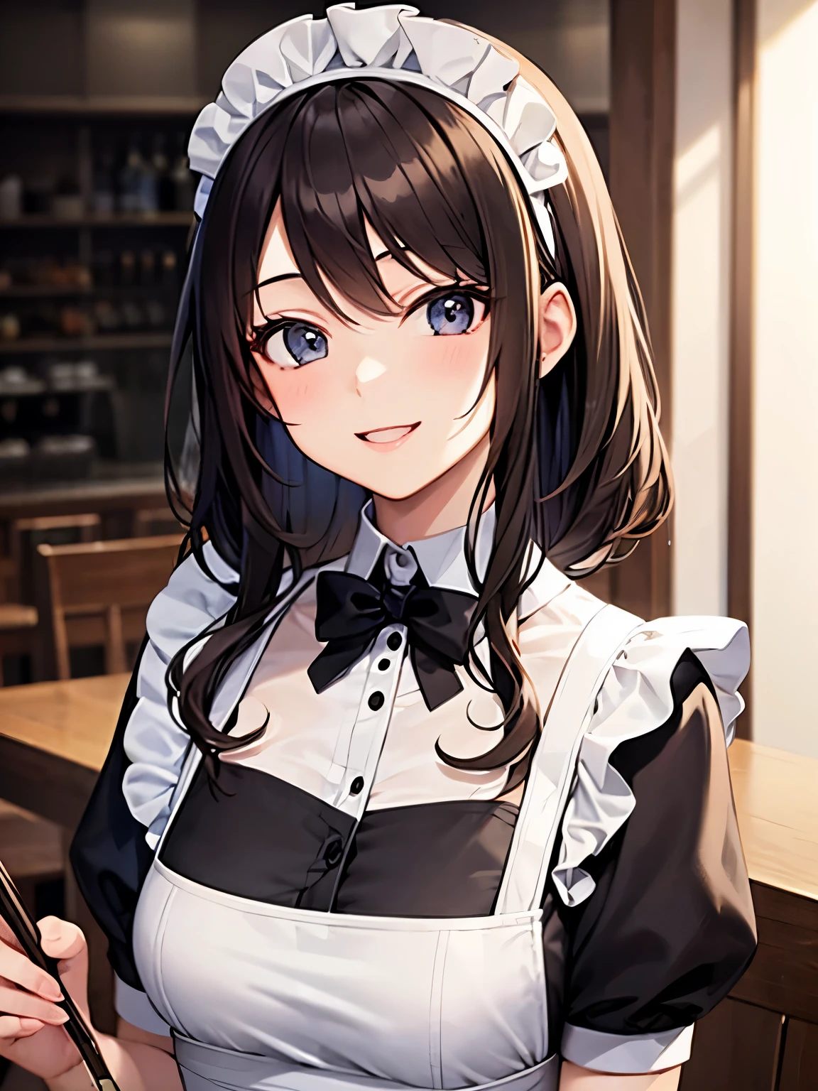 beautiful girl、Maid Cafe、Maid clothes、Upper body is shown、Dazzling smile、