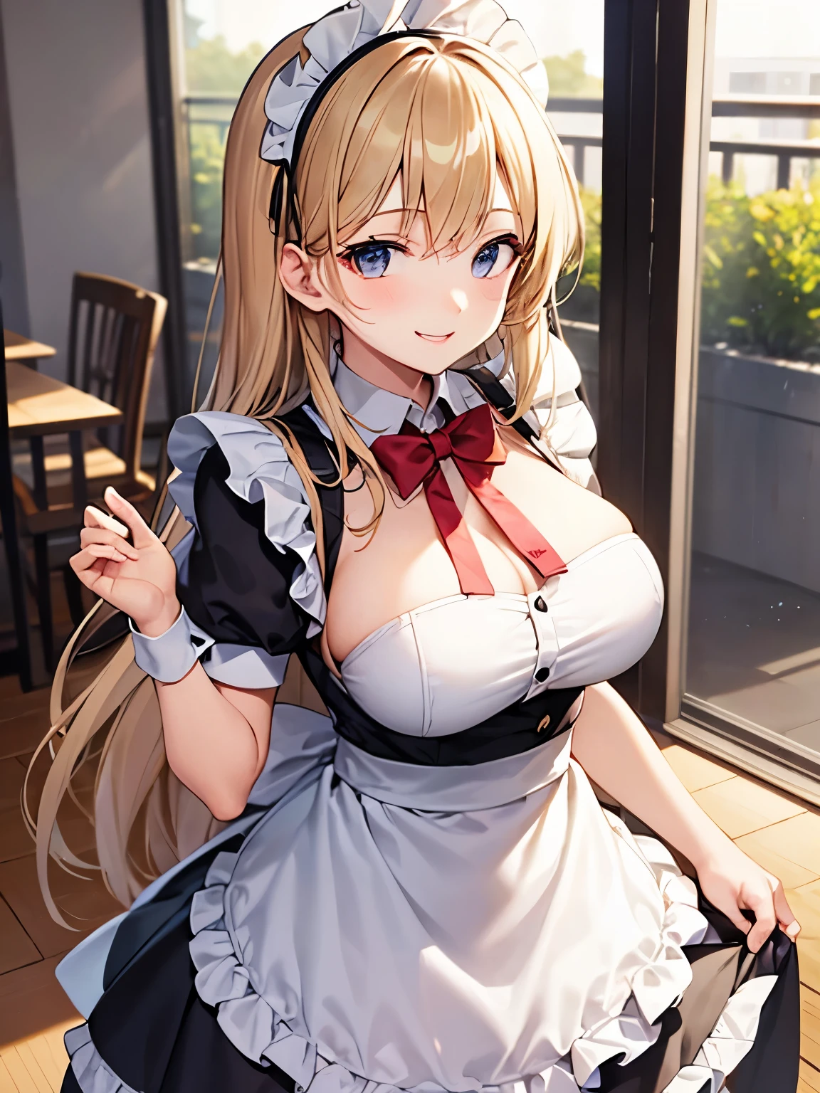 beautiful girl、Maid Cafe、Maid clothes、Upper body is shown、Dazzling smile、